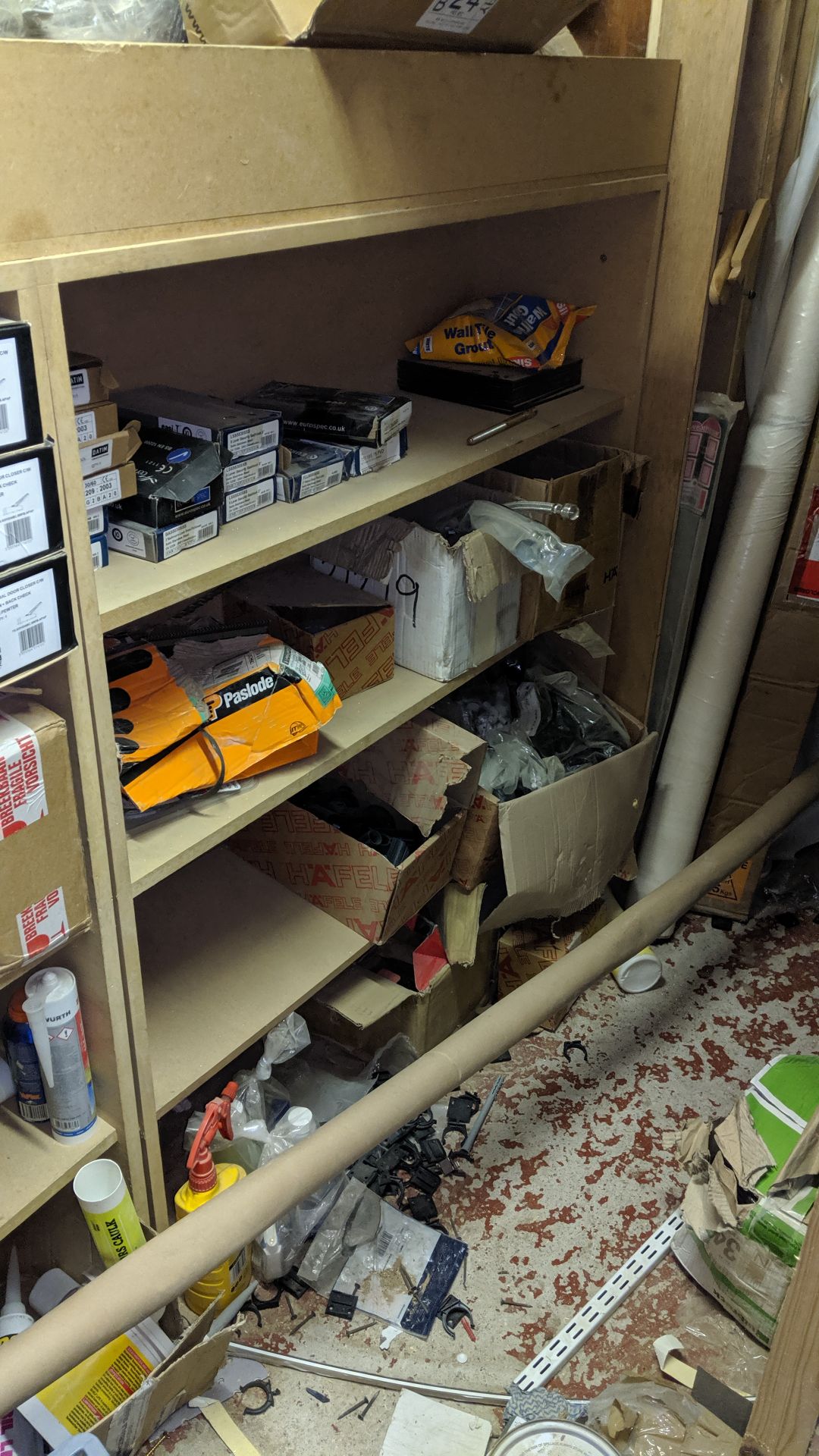 Complete contents of the stockroom including door closers, hinges, handles, fixings, drawer runners, - Image 14 of 29