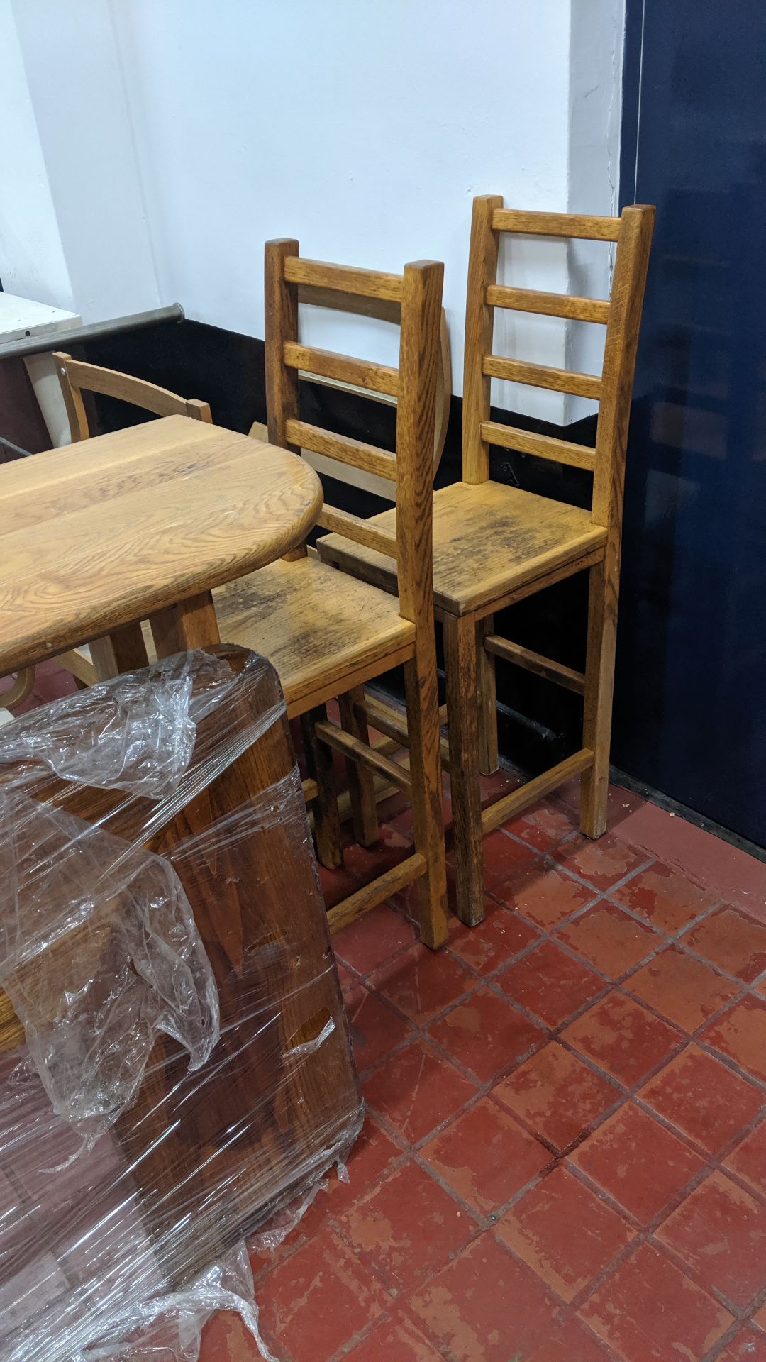 Quantity of wooden furniture comprising 2 off tall high backed chairs, 2 off easy chairs, 1 off tall - Image 4 of 4
