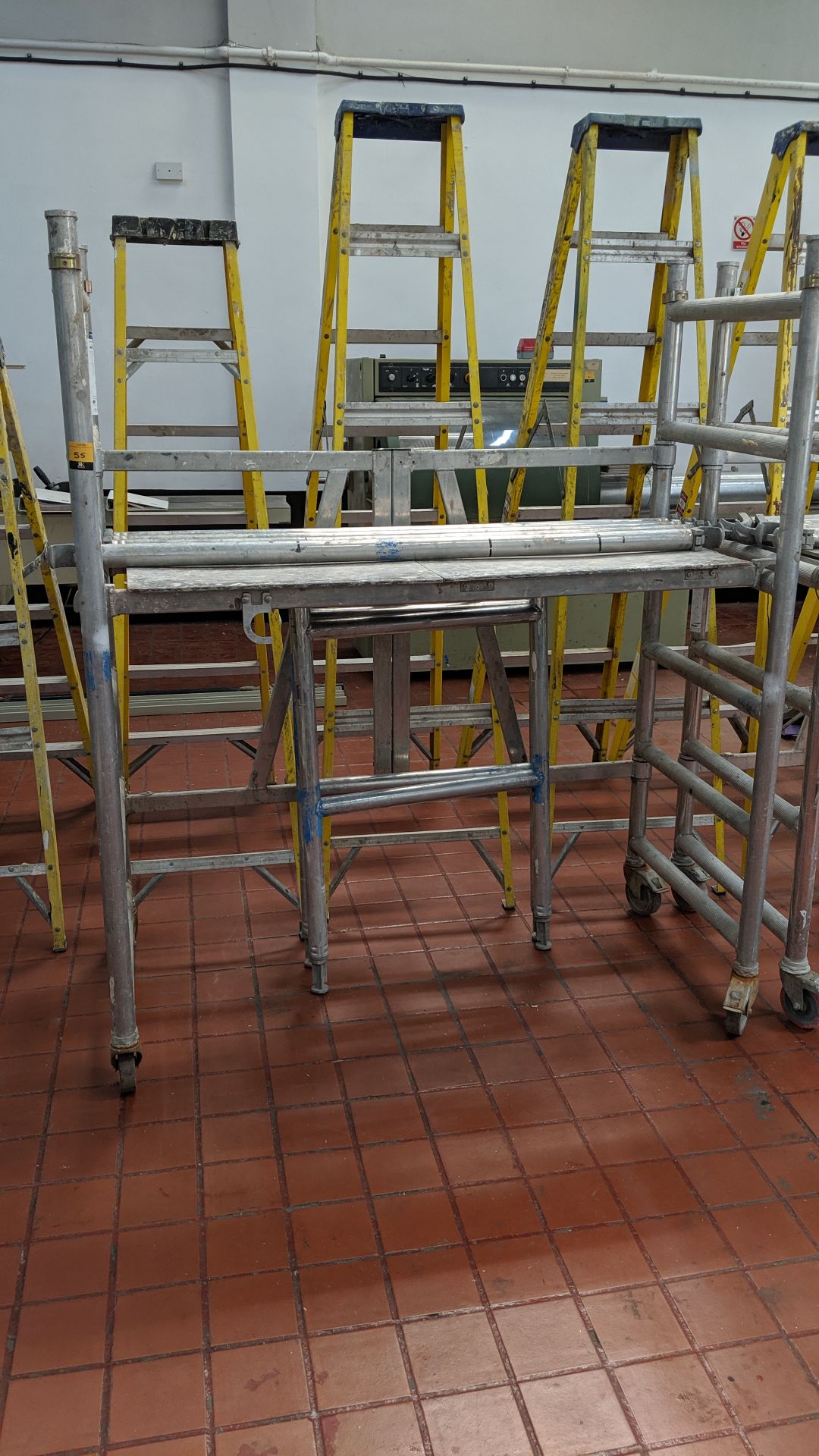 Compact mobile folding scaffold platform, comprising tower as assembled/pictured, 2 off extension
