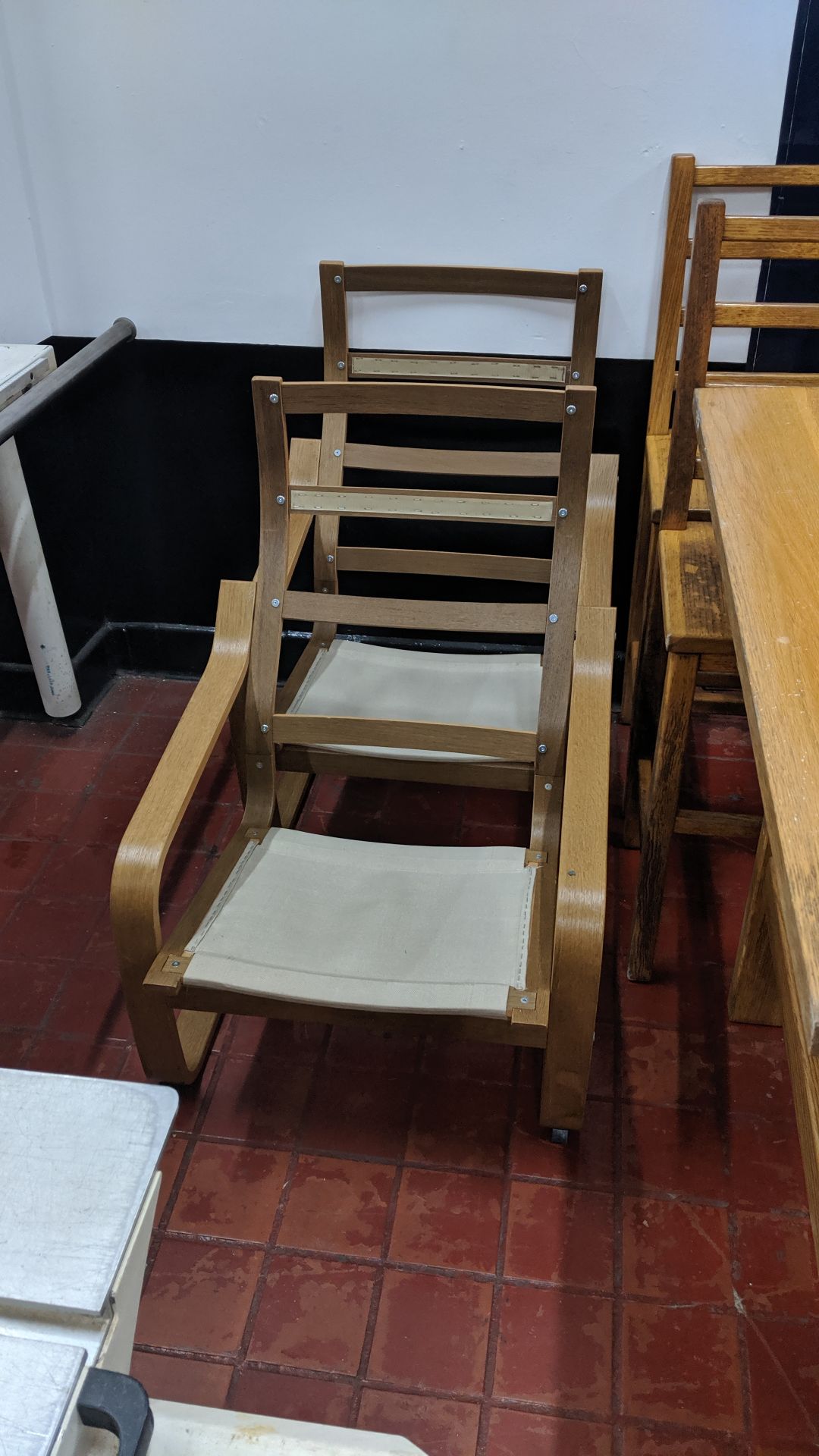 Quantity of wooden furniture comprising 2 off tall high backed chairs, 2 off easy chairs, 1 off tall - Image 2 of 4