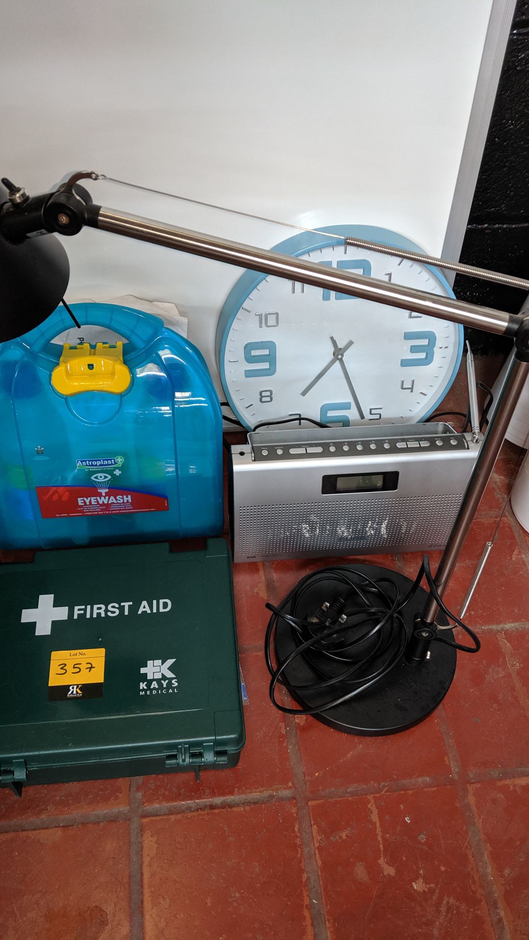 Quantity of first aid & office equipment including desk lamp, radio, whiteboard & clock IMPORTANT: - Image 5 of 5