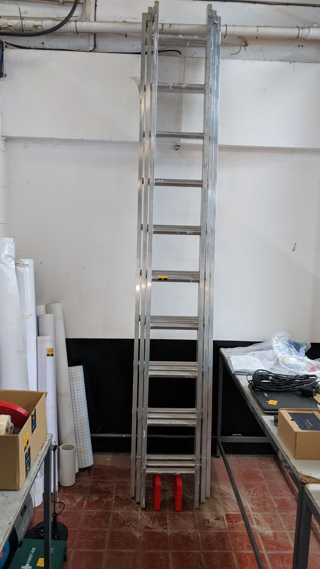 Set of triple rung ladders including wall mounting brackets, each rung measuring approximately 2.92m - Image 2 of 7