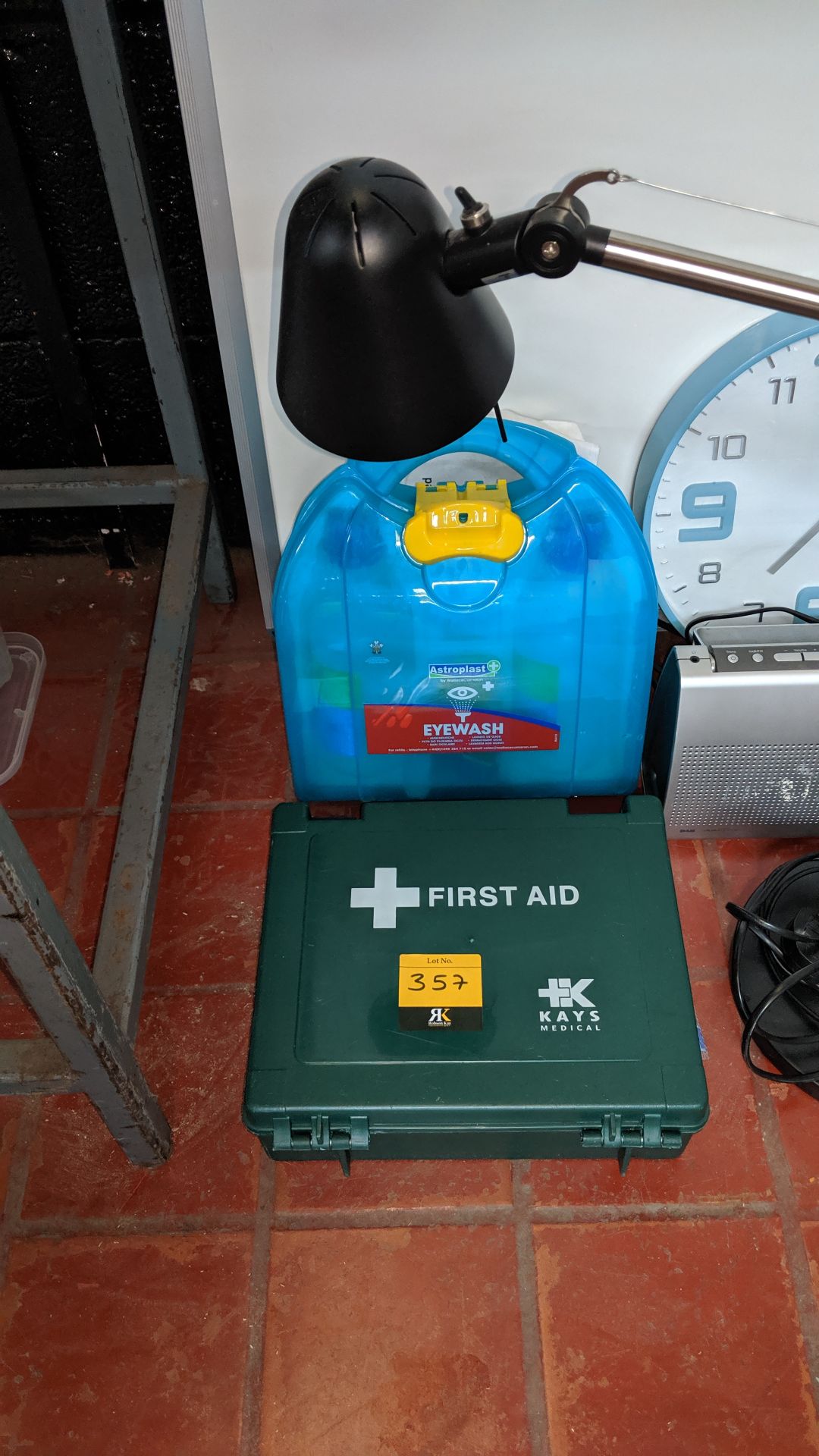 Quantity of first aid & office equipment including desk lamp, radio, whiteboard & clock IMPORTANT: - Image 4 of 5