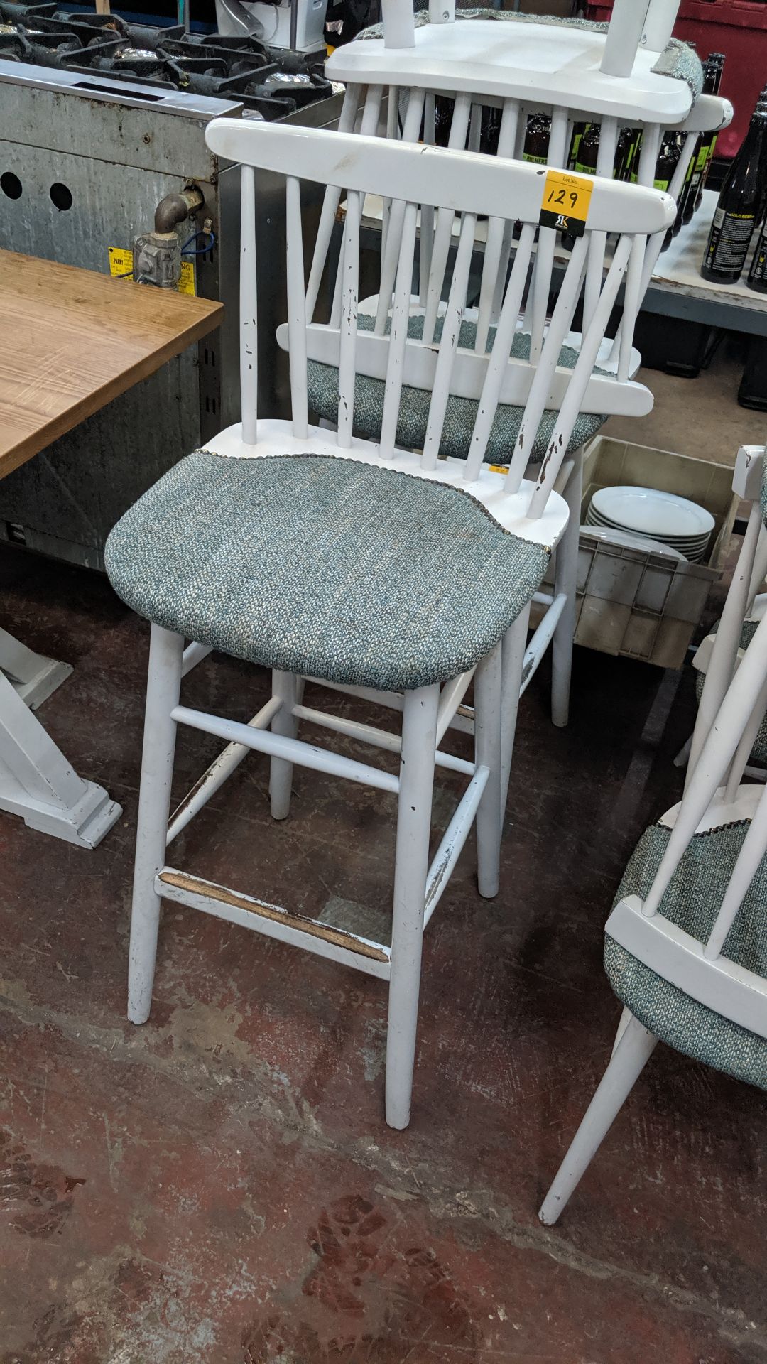 3 off tall matching upholstered wooden dining chairs. NB lots 126 - 128 consist of different