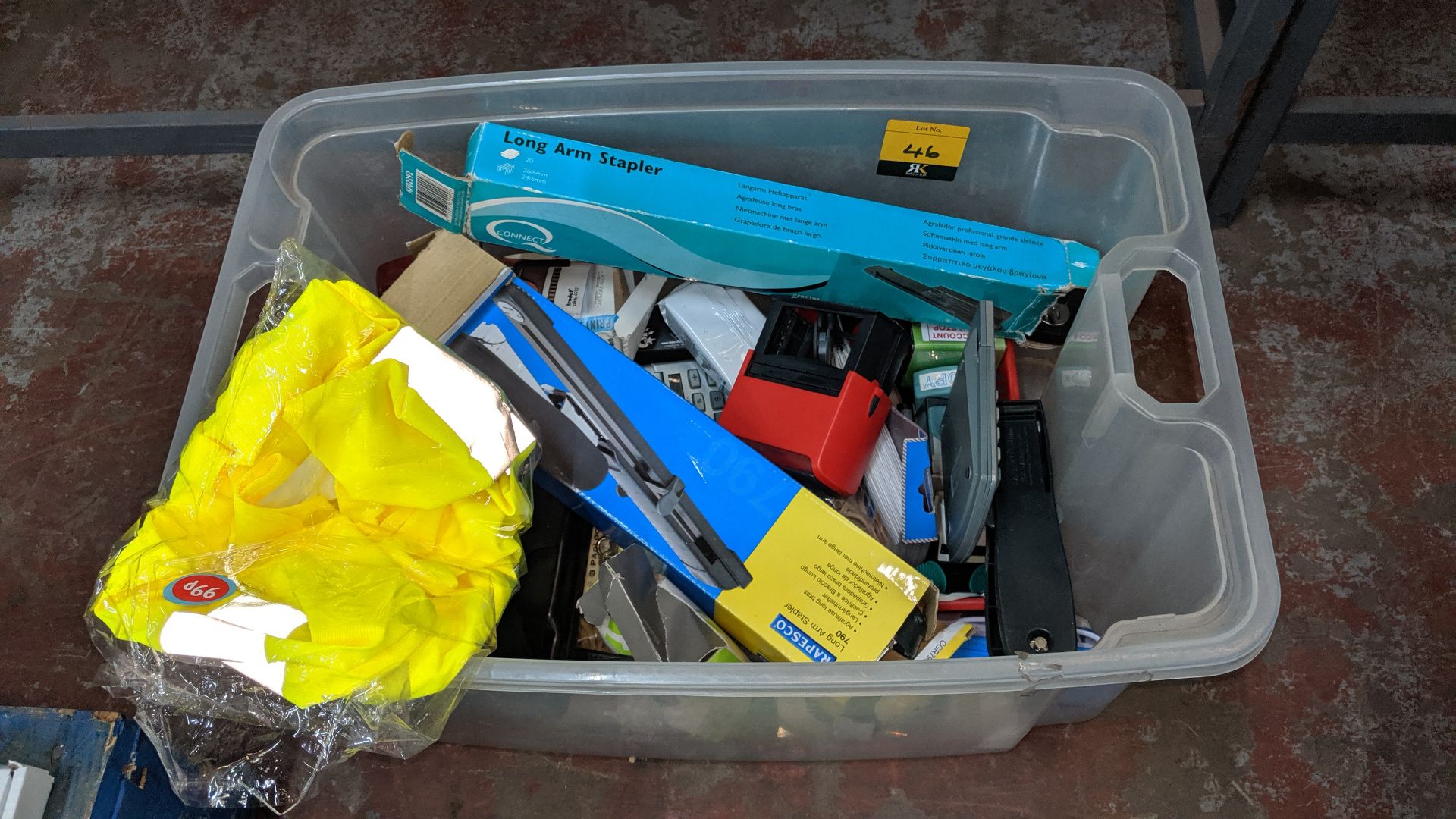 Contents of a crate of assorted office/stationery items - crate excluded. This is one of a number of