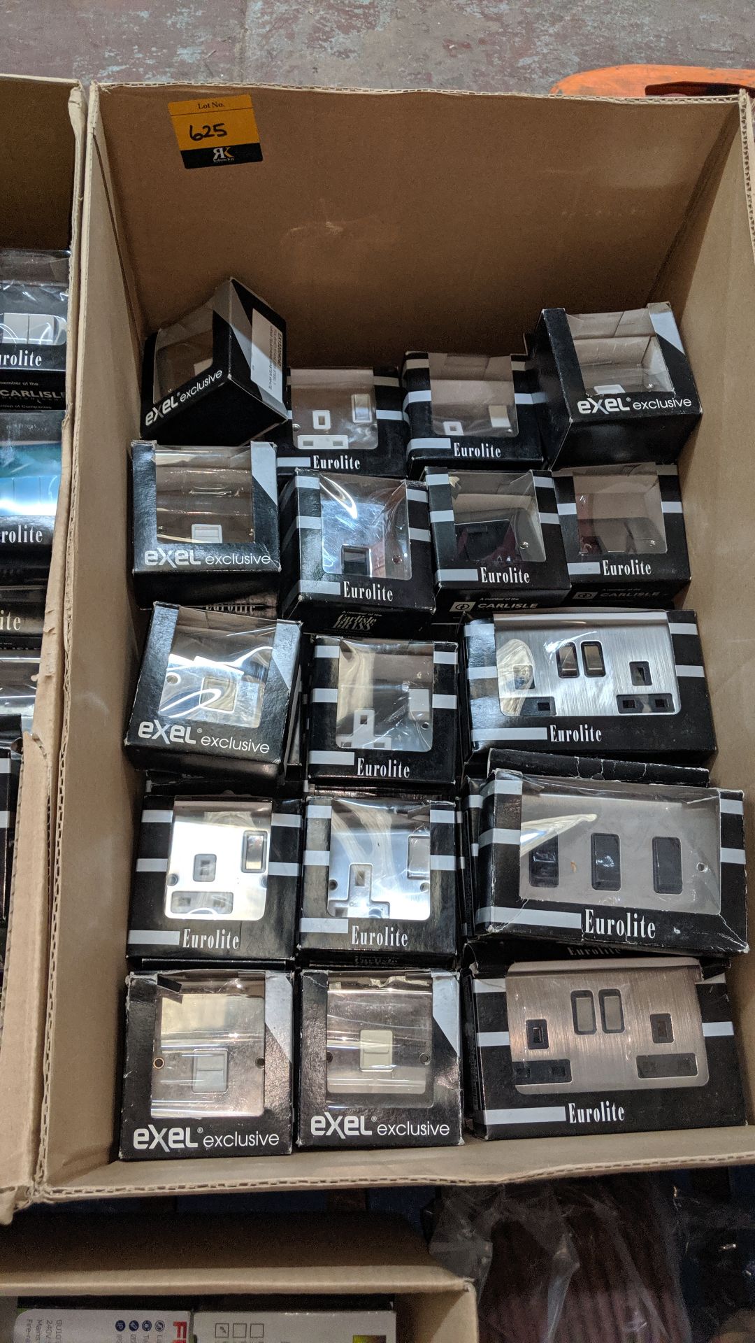 Box of Eurolite chrome finish assorted switches & sockets. This is one of a number of lots being