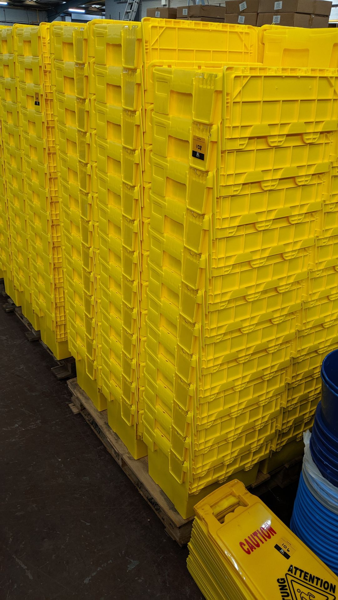 116 off Plastor yellow plastic crates with integral hinged lids & clear compartment at one end for - Image 2 of 3