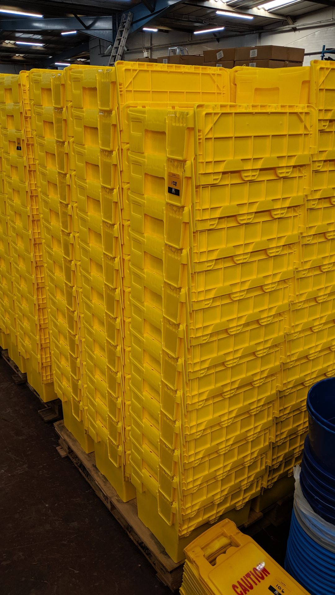 116 off Plastor yellow plastic crates with integral hinged lids & clear compartment at one end for