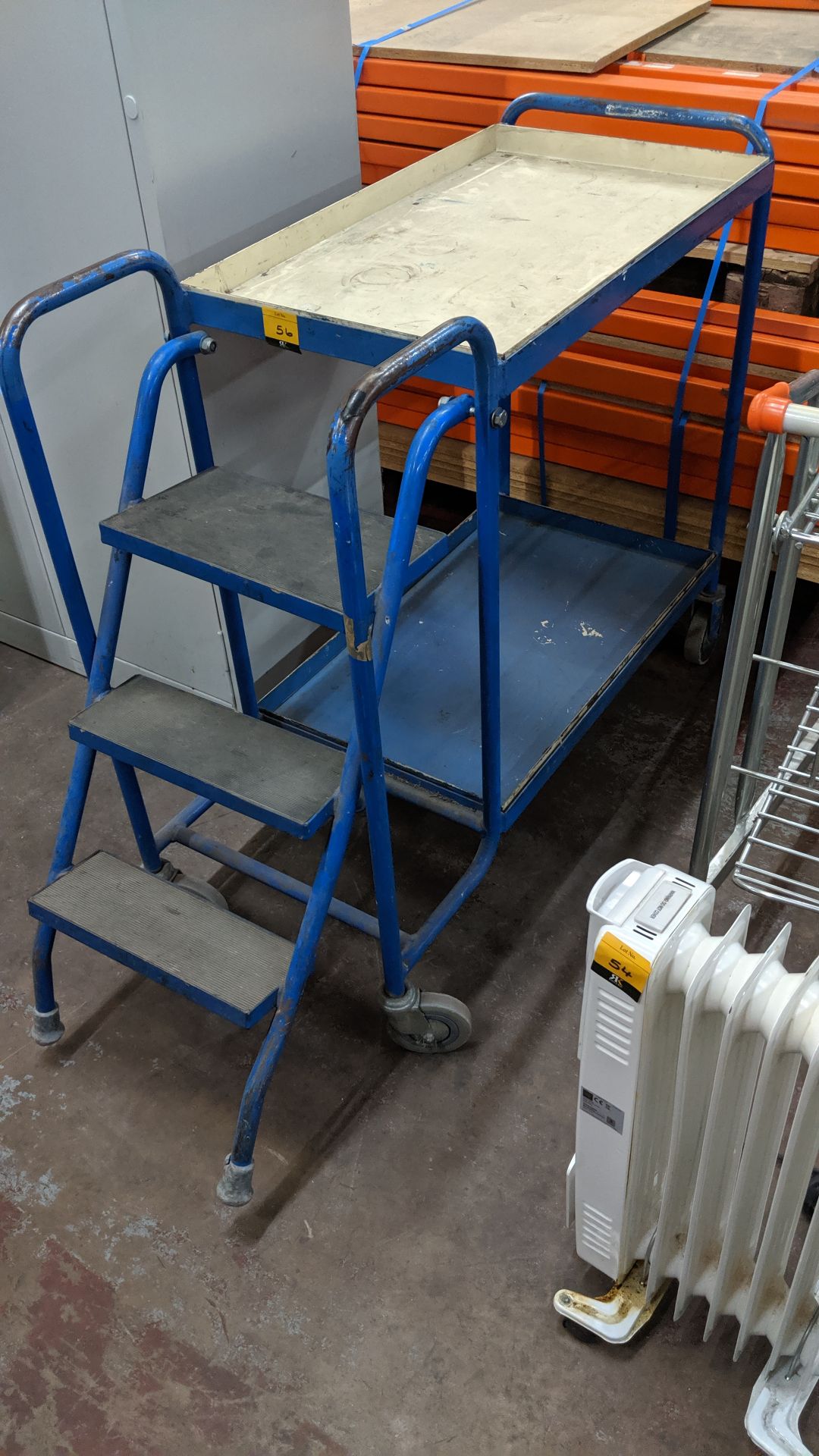 Picking trolley with built-in steps, max. dimensions 18" (w) x 55" (l) x 38" (h). This is one of a