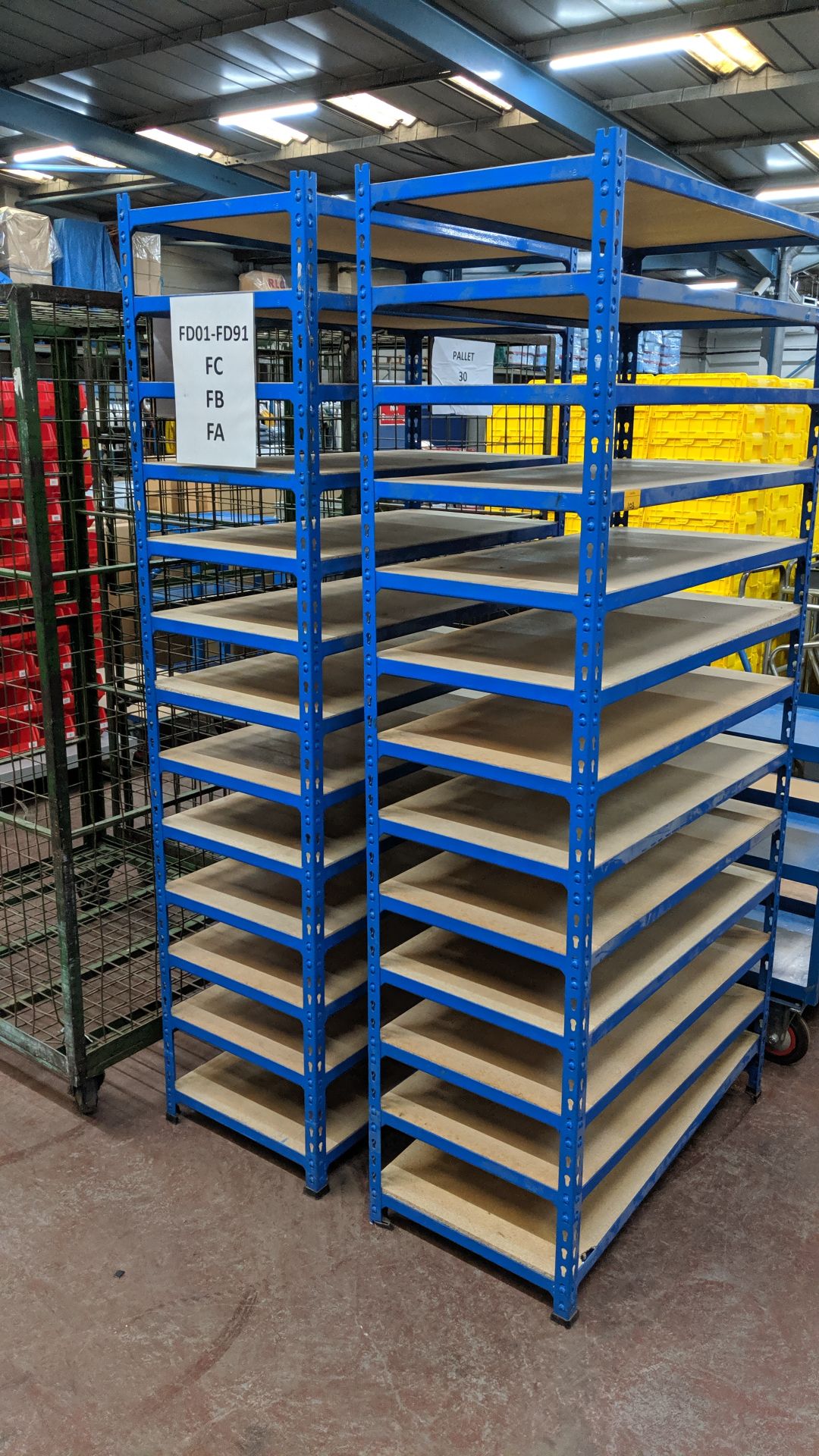 2 off bolt-free racking units, each incorporating 13 shelves, the dimensions of each rack as