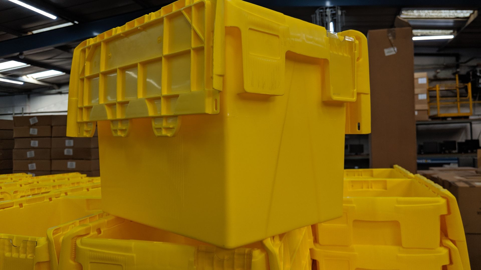 116 off Plastor yellow plastic crates with integral hinged lids & clear compartment at one end for - Image 3 of 3