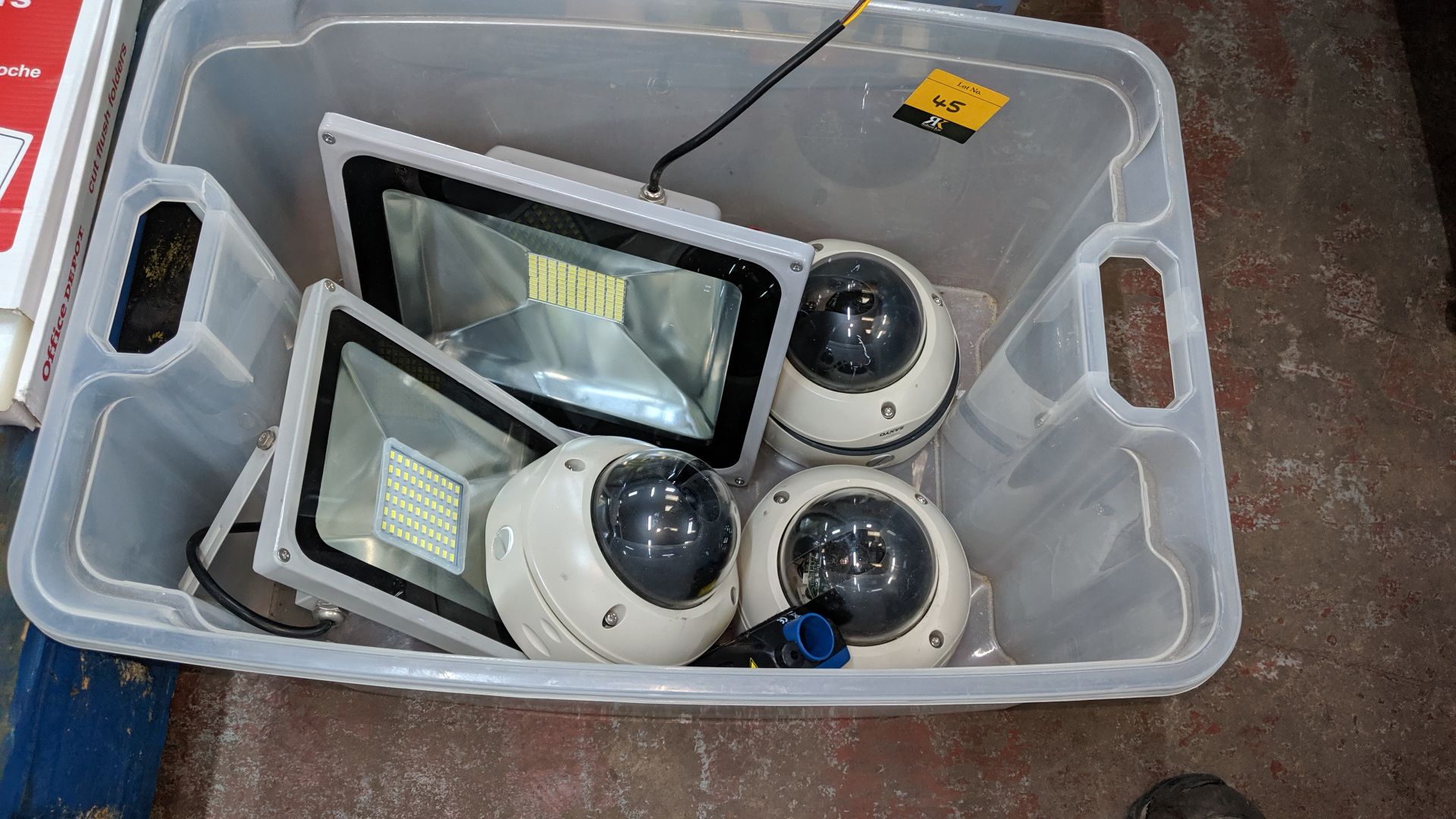 Quantity of CCTV domes, LED lighting & Draper laser measure - crate excluded. This is one of a