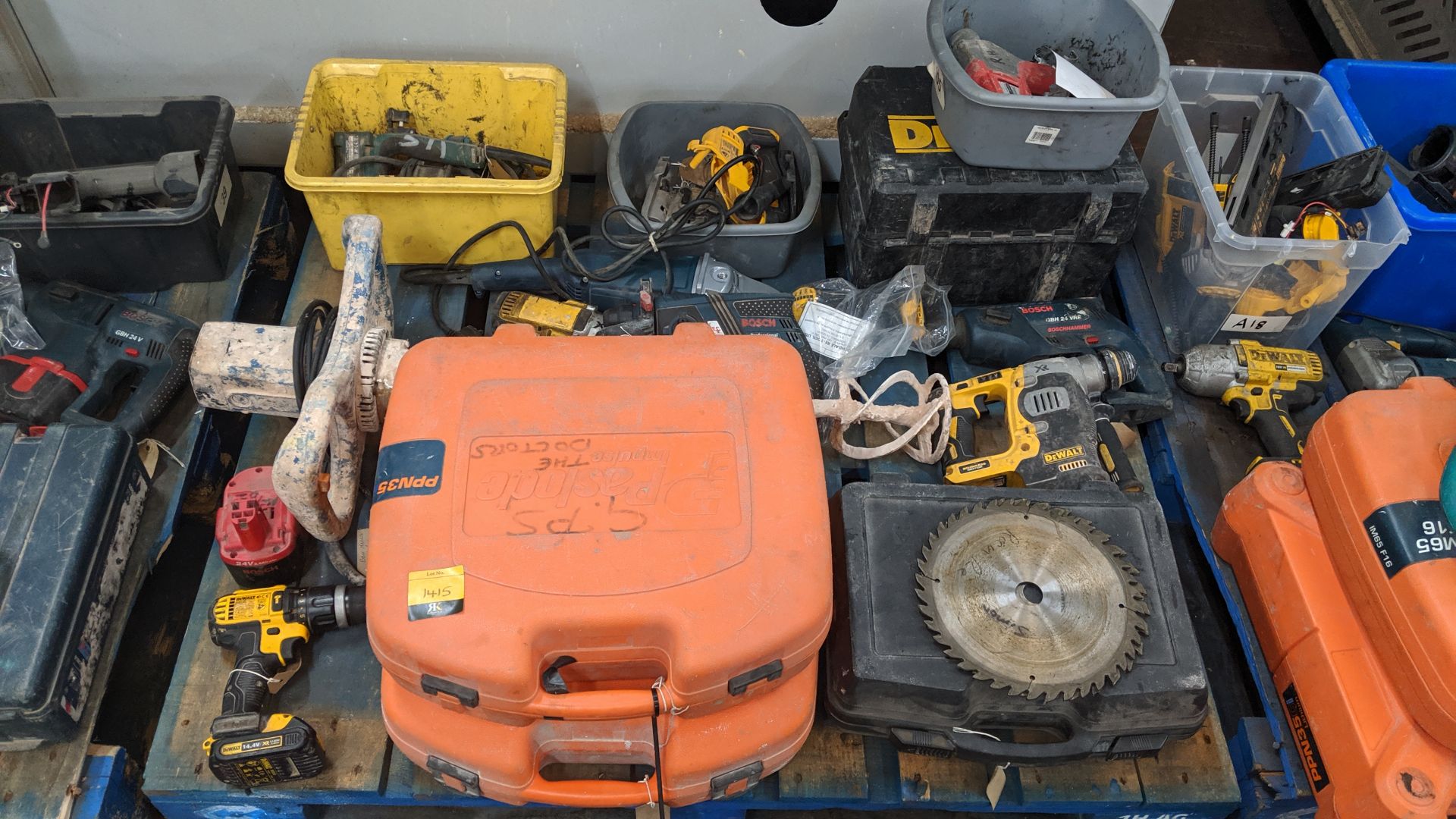 Contents of a pallet of assorted power tools. This is one of a number of lots that relate to a power