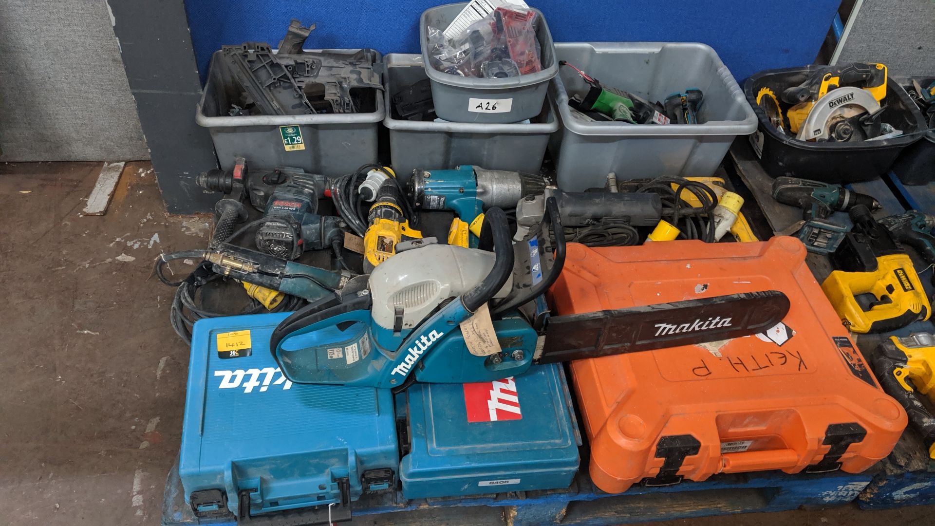 Contents of a pallet of assorted power tools. This is one of a number of lots that relate to a power