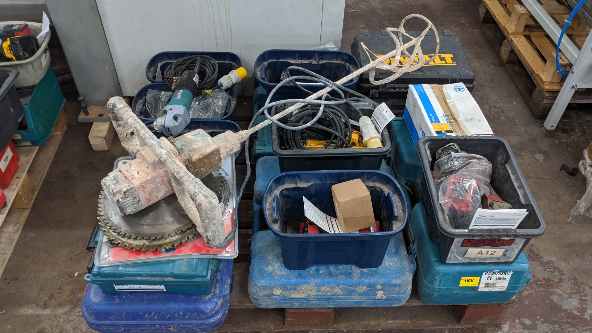 Contents of a pallet of assorted power tools. This is one of a number of lots that relate to a power