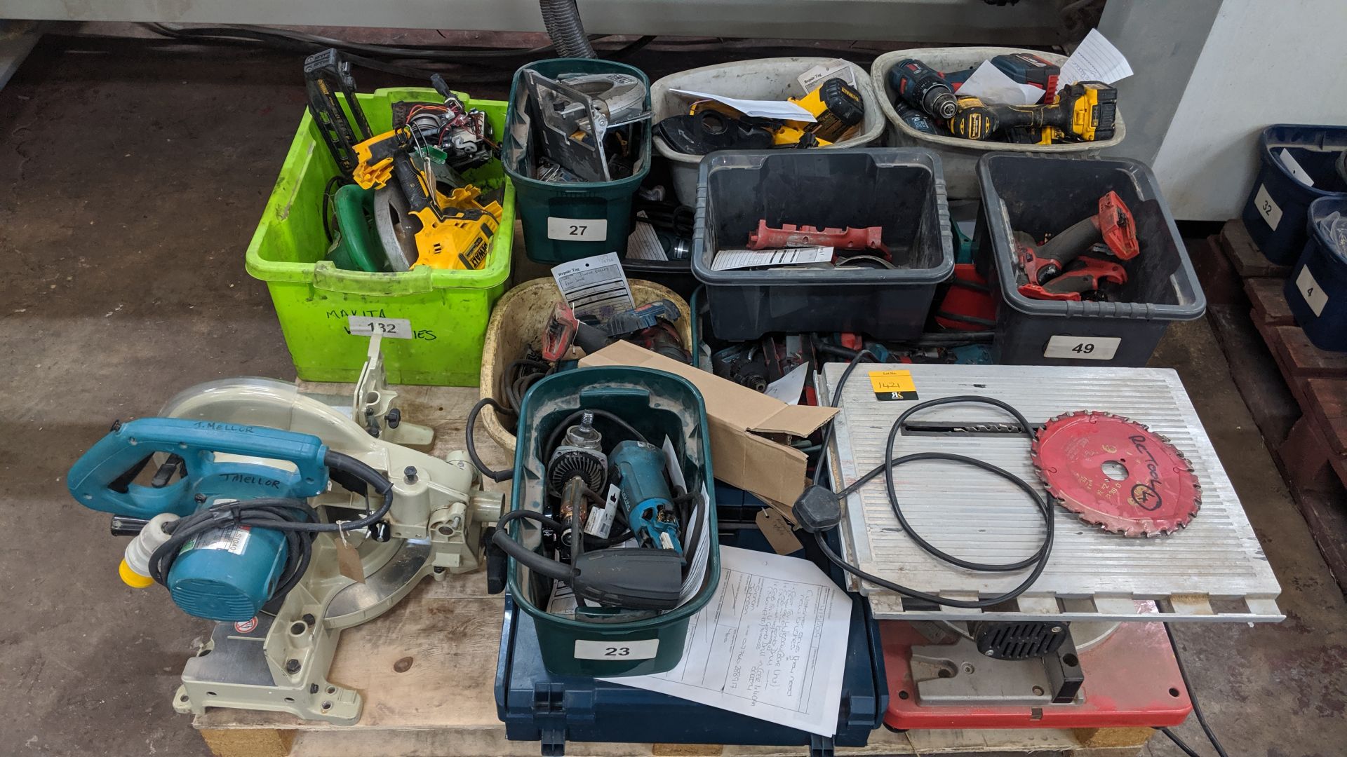 Contents of a pallet of assorted power tools. This is one of a number of lots that relate to a power