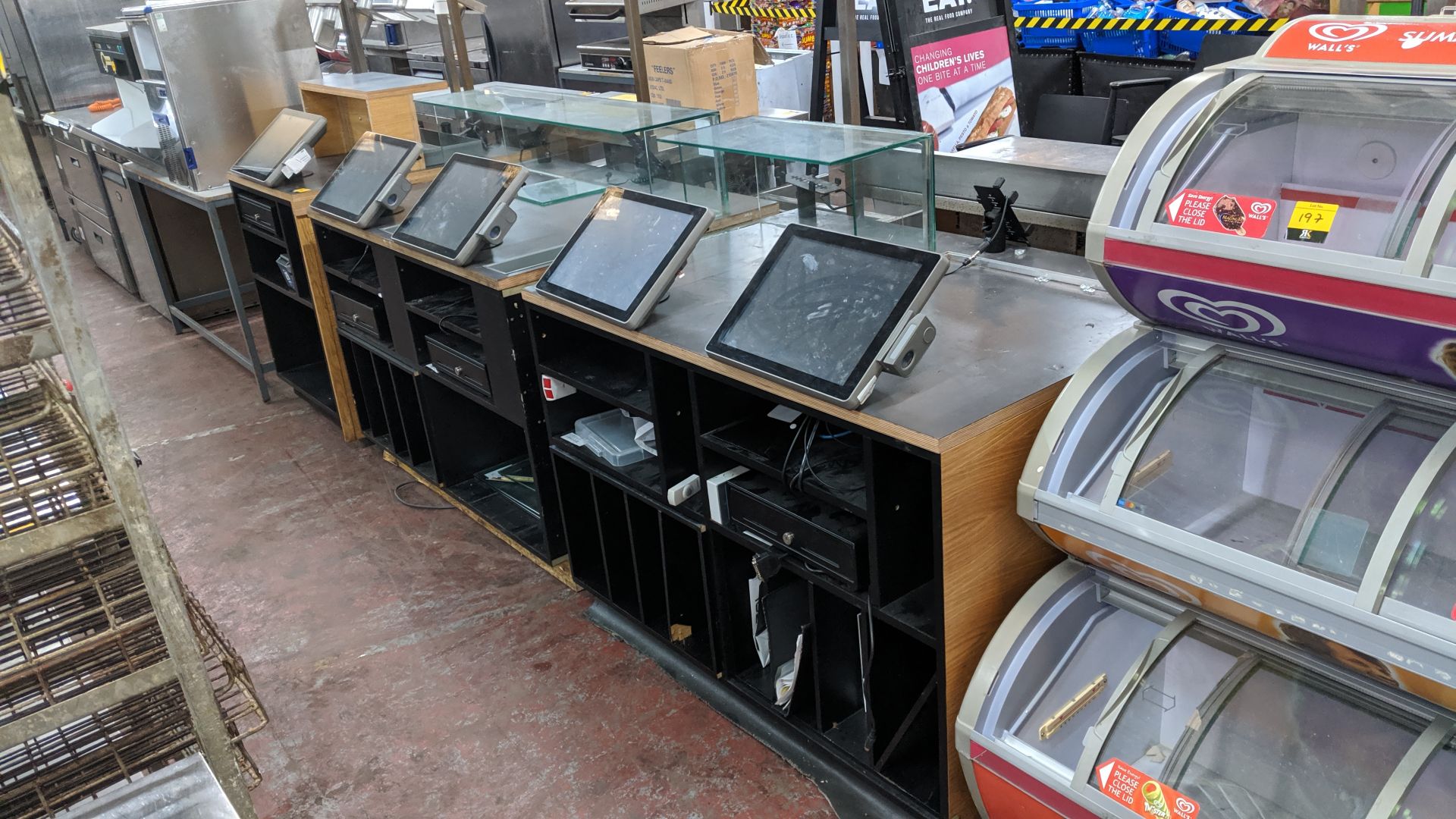 EPOS equipment & serving counters comprising 5 off touchscreen terminals, 4 off cash drawers, 1