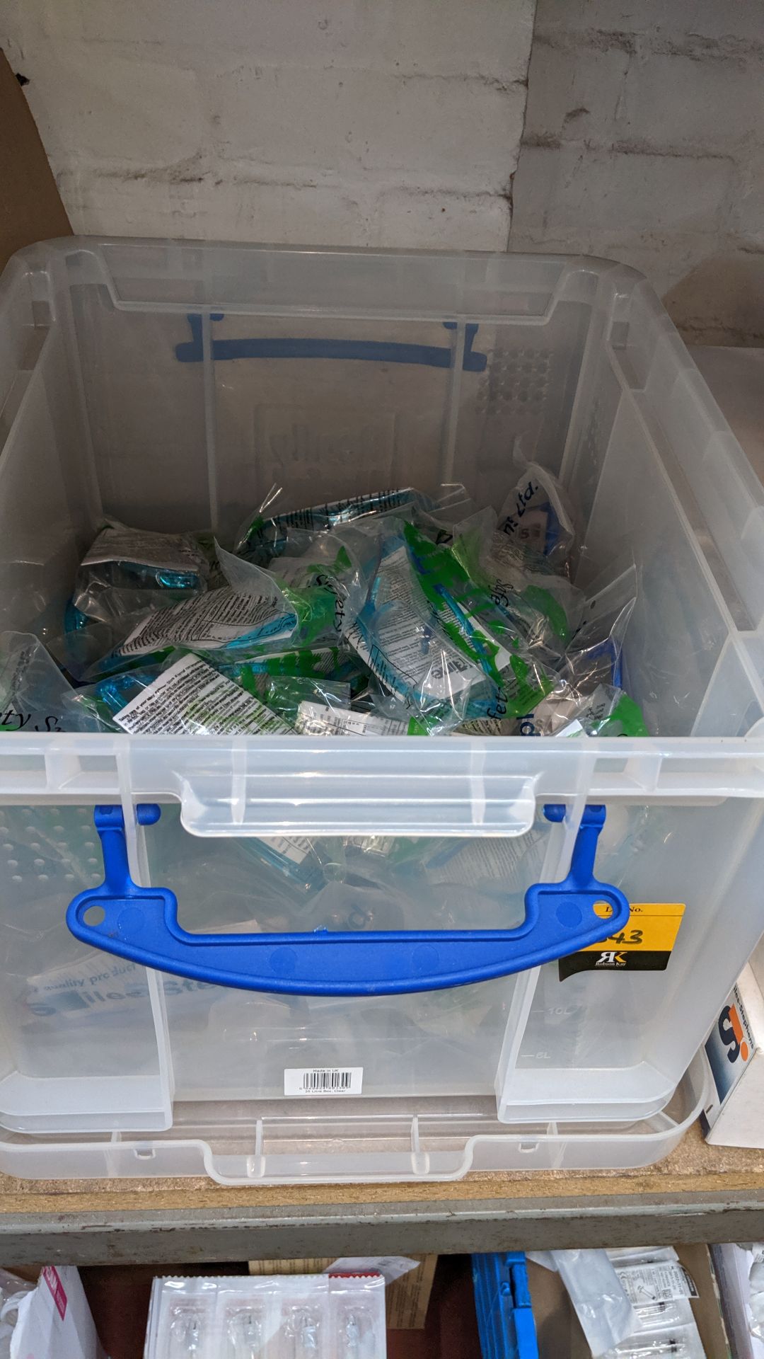 Contents of a crate of safety goggles - crate excluded. This is one of a large number of lots used/