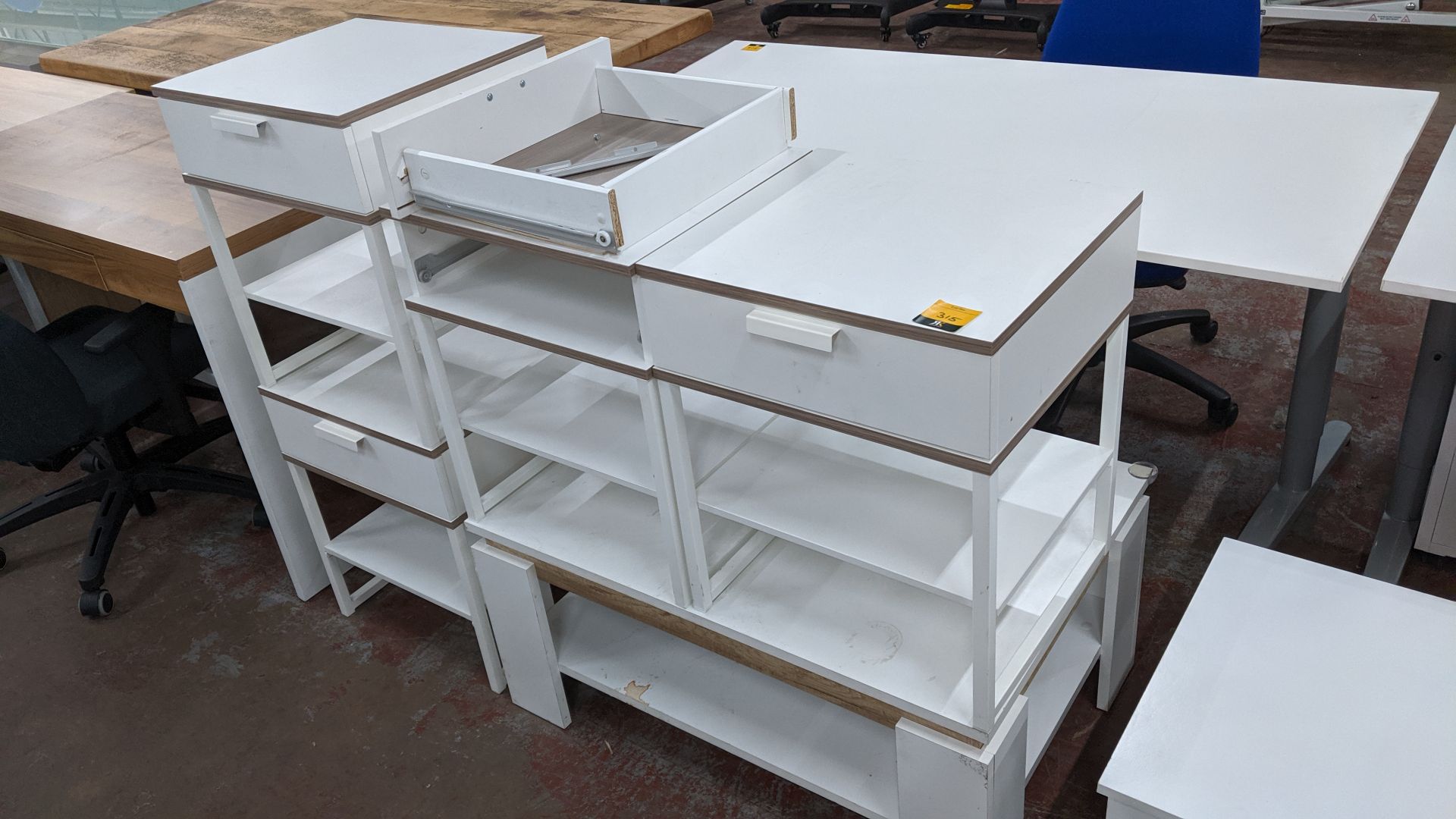 5 off white tables comprising 4 side tables each incorporating drawer plus coffee/occasional table