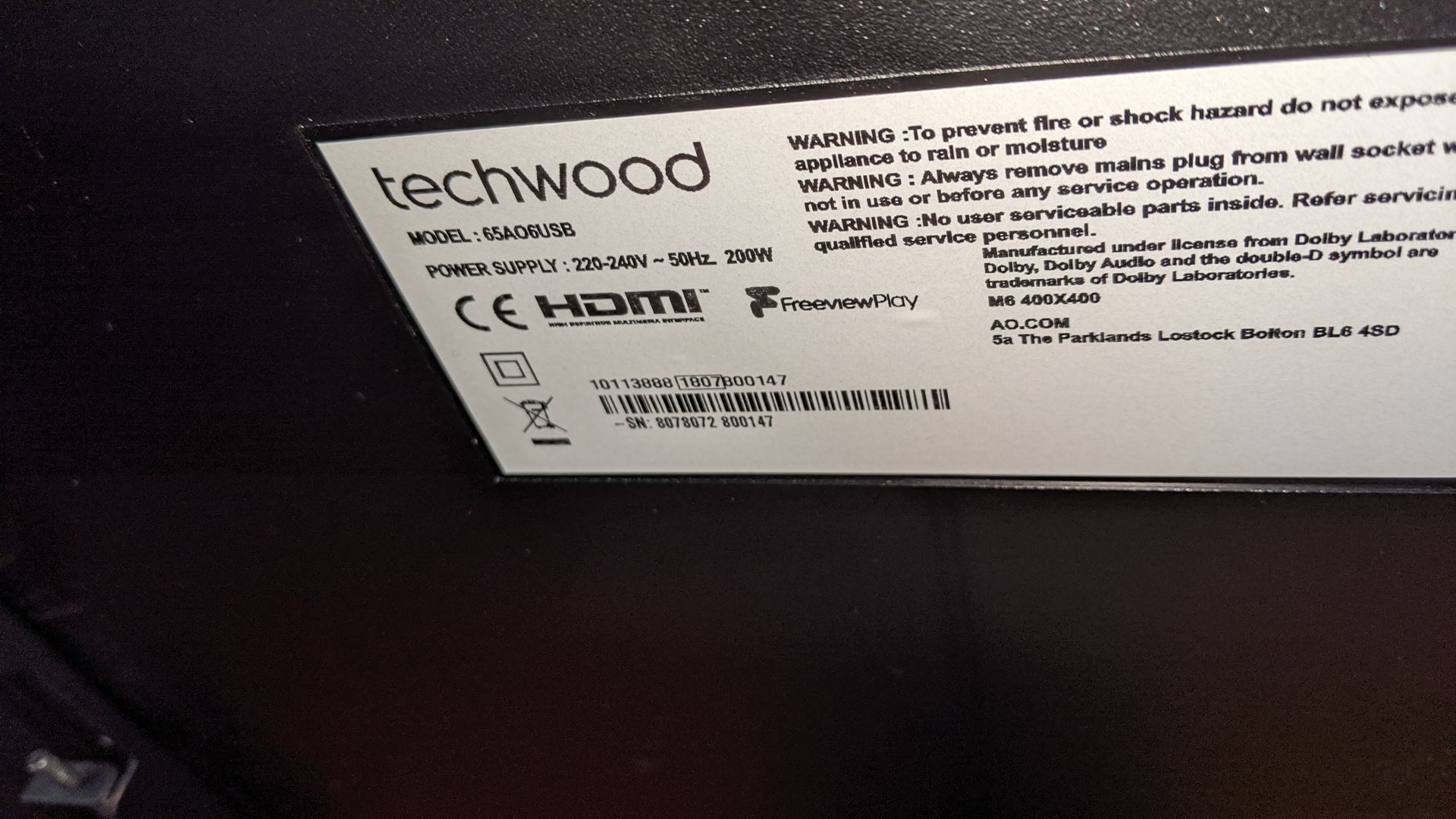 Techwood 65" widescreen LCD TV 65A06USB including remote control - no brackets or stand. This is one - Image 5 of 12