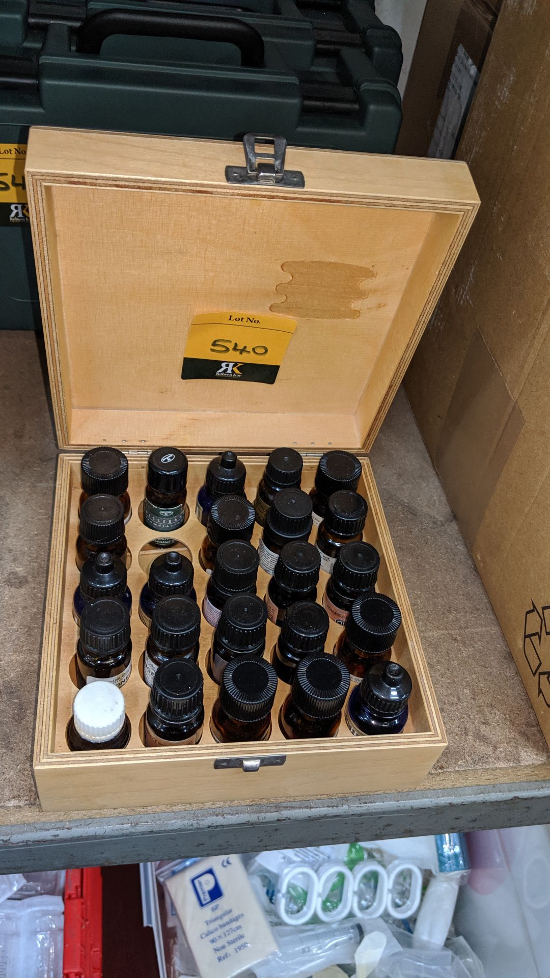 Box & contents of assorted essential oils. This is one of a large number of lots used/owned by One