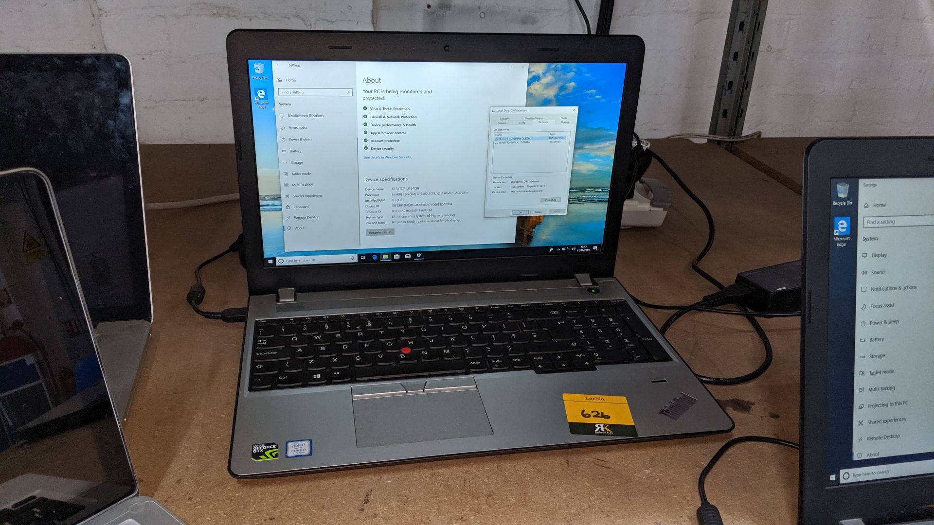 Lenovo ThinkPad notebook computer, Intel Core i7-7500u CPU @ 2.7GHz, 16Gb RAM, 256Gb SSD including