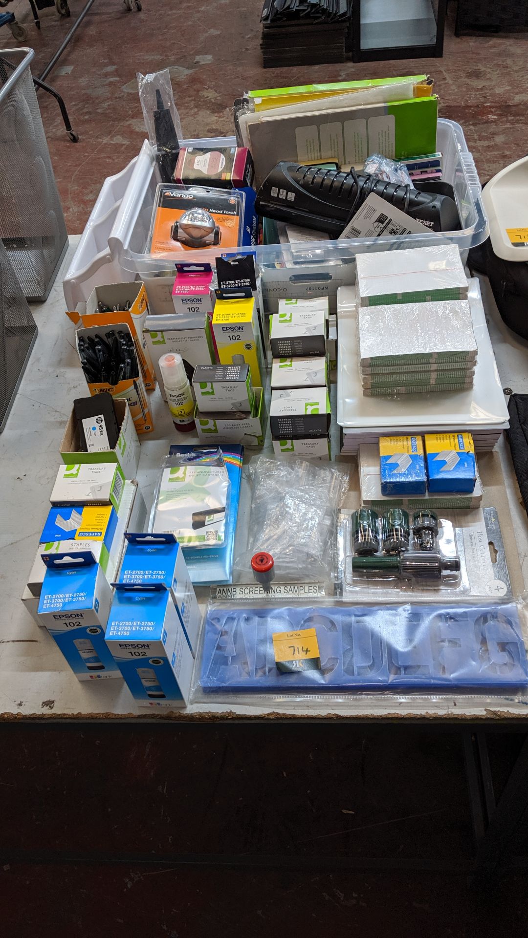 Row of assorted office sundries & consumables - plastic crate excluded. This is one of a large