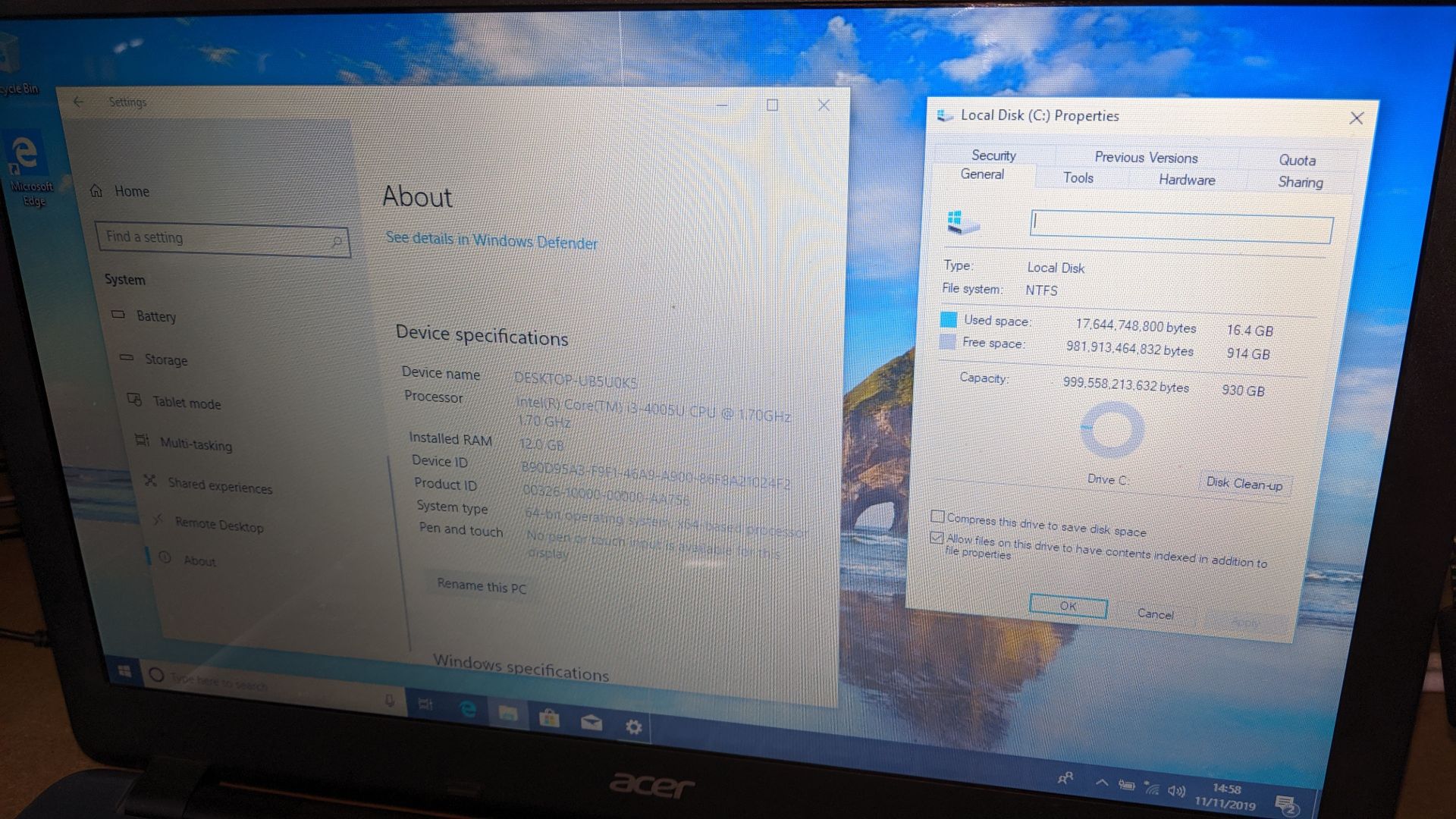 Acer Aspire E15 widescreen notebook computer, Intel Core i3-4005u CPU @1.7GHz, 12Gb RAM, 1Tb HDD - Image 5 of 6