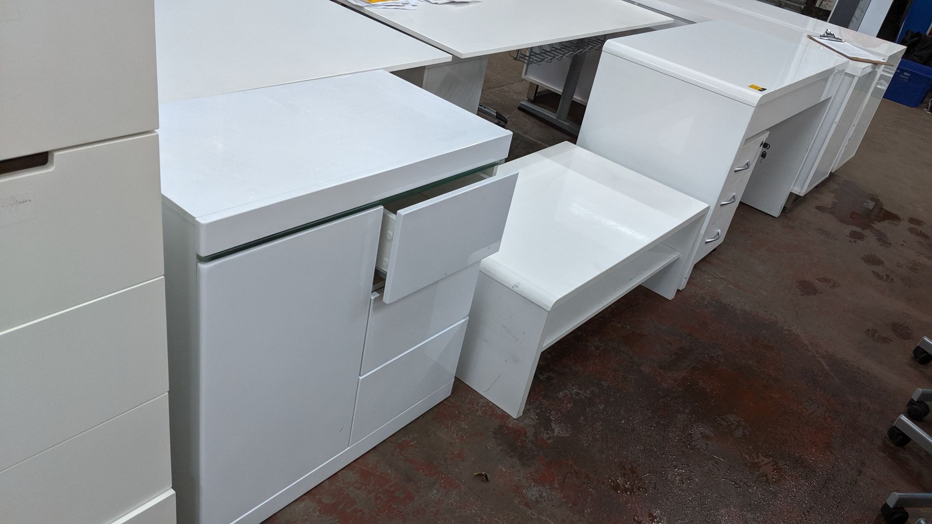 3 pieces of white gloss finish furniture comprising small desk, occasional table, storage unit & - Image 3 of 5