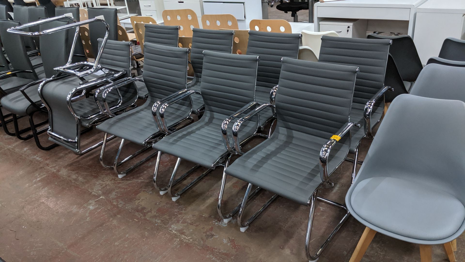 9 off matching chrome cantilever framed chairs with grey ribbed fabric upholstery. This is one of - Image 2 of 7