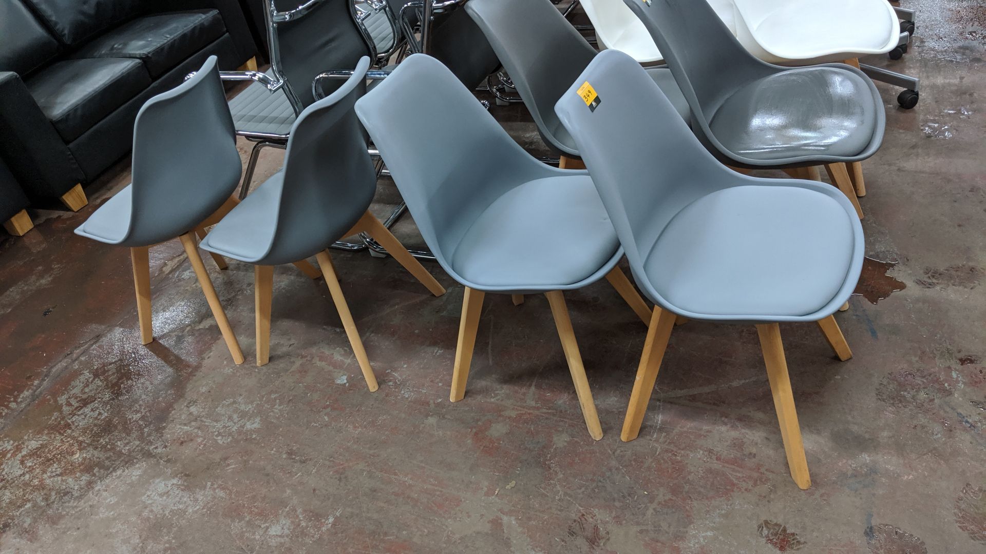 4 off grey/blue chairs on wooden legs with upholstered seat bases NB. Lots 347 - 349 consist of