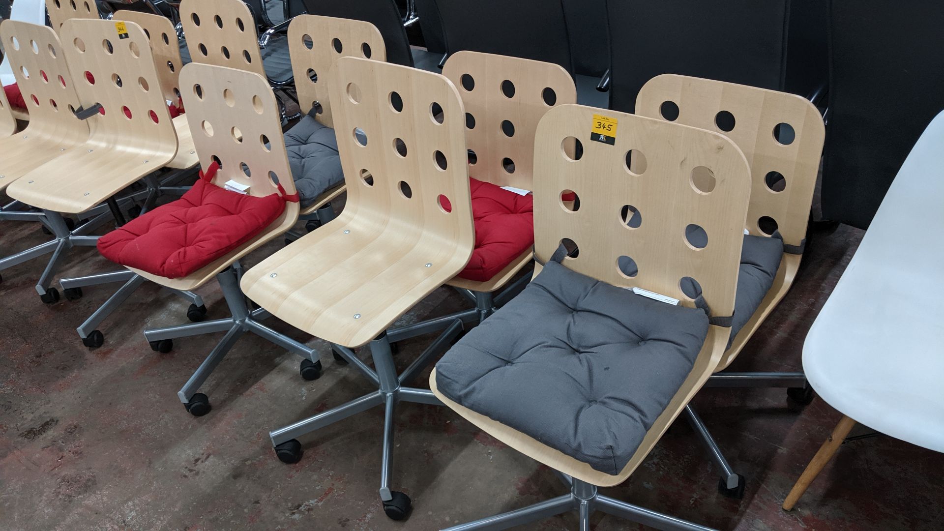 6 off matching chairs consisting of silver/grey metal frames & wooden seats with unusual hole