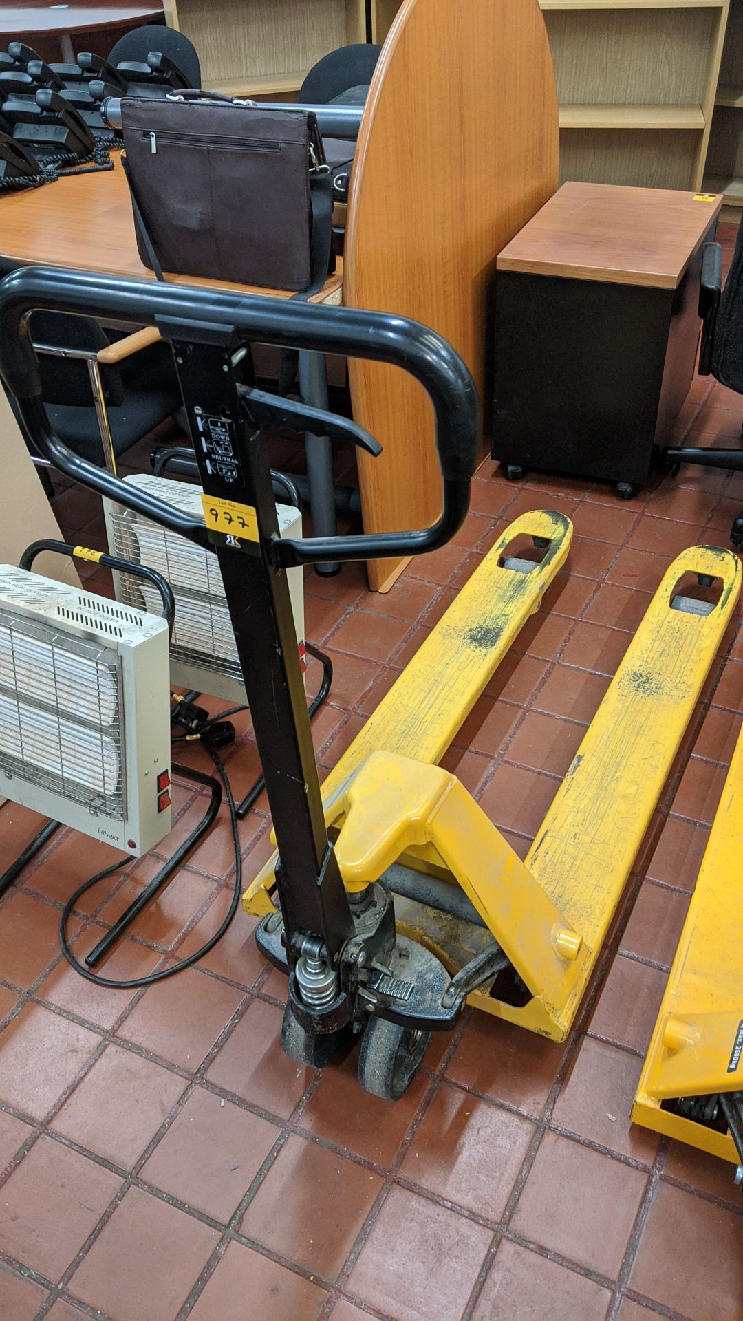 Euro pallet truck with longer arms than typical. This is one of a large number of lots in this