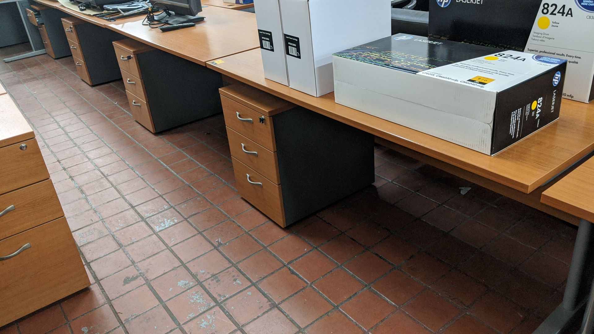 4 off matching tables/desks each with low slung mobile desk pedestal, 3 with keys. Desk tops each