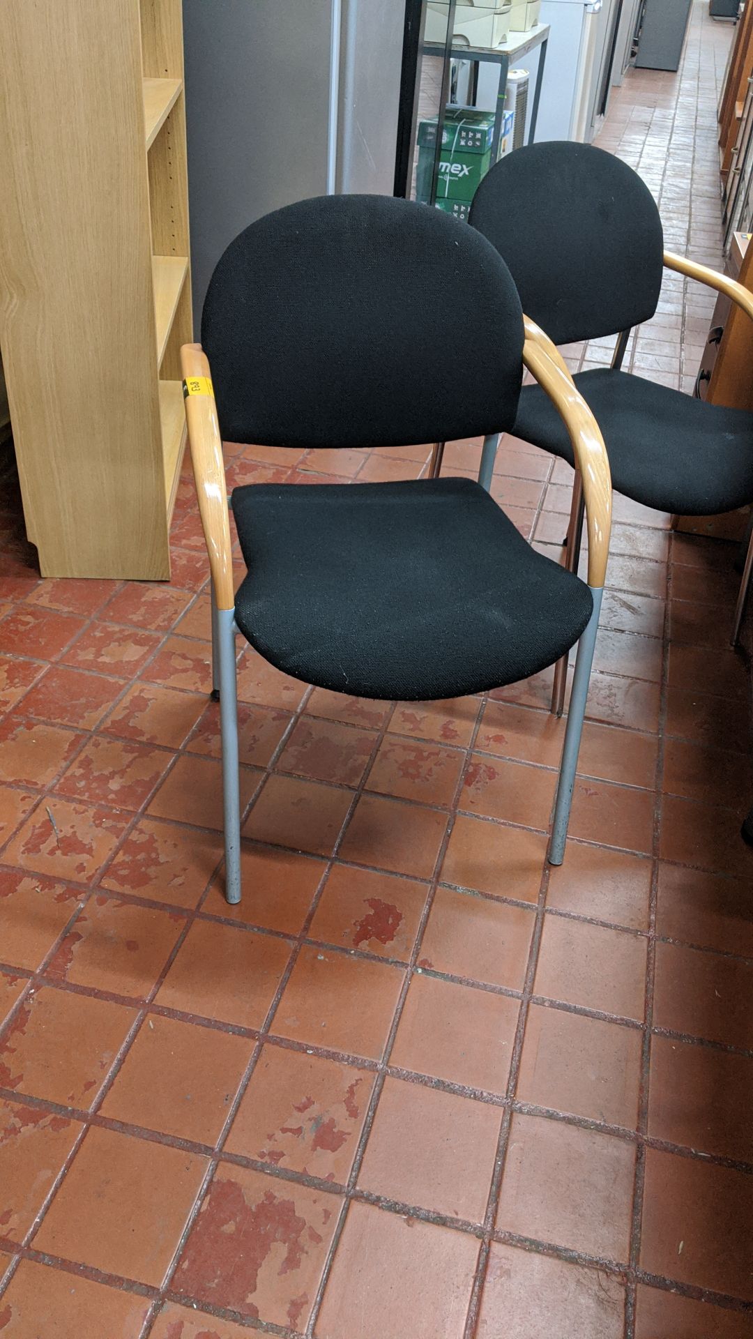 5 off chairs, 2 with chrome legs, 3 with metal grey legs, each with wooden arms & black - Image 3 of 6