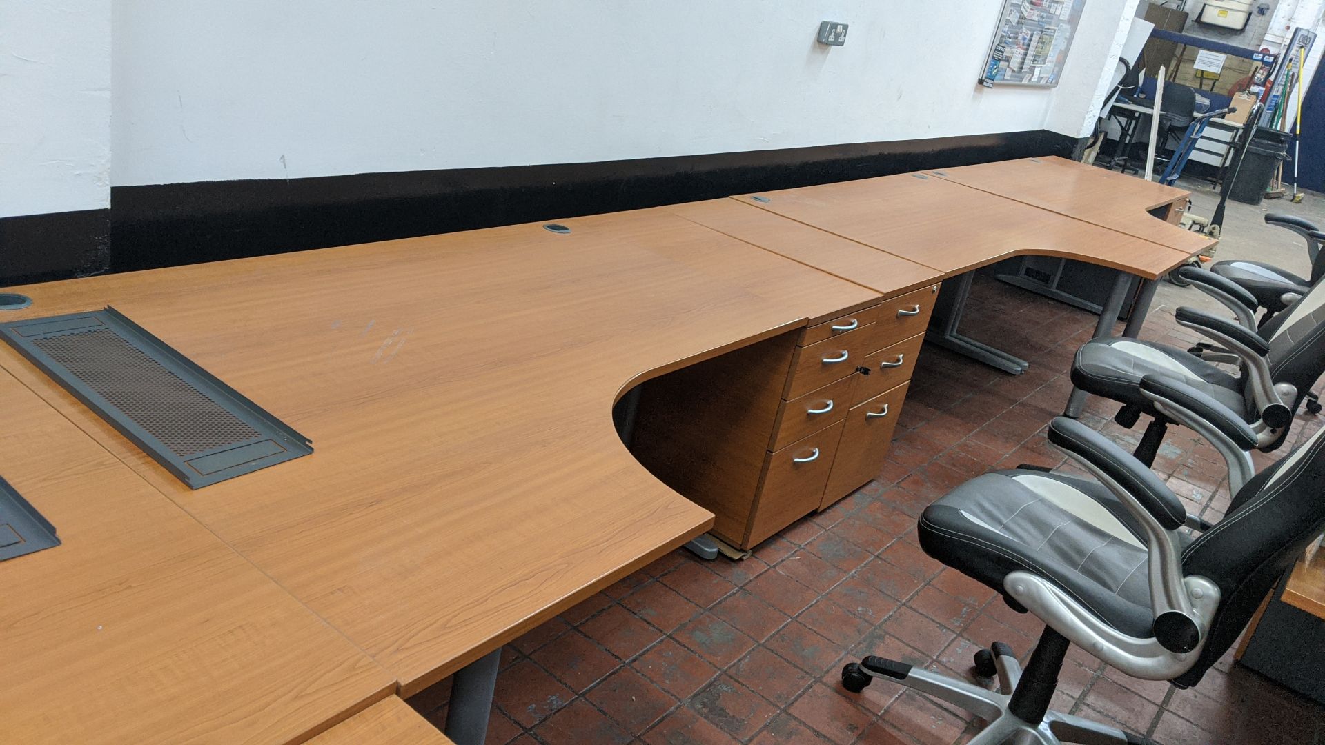 3 off curve front "piano" desks each including a matching desk height pedestal. This is one of a - Image 8 of 8