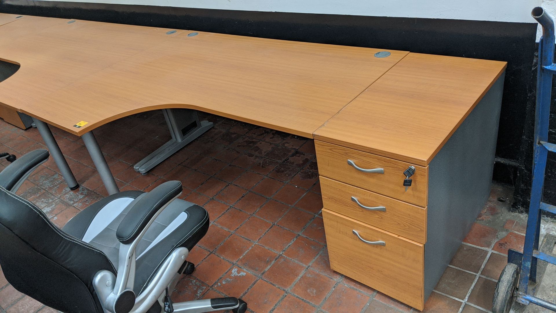 3 off curve front "piano" desks each including a matching desk height pedestal. This is one of a - Image 3 of 8