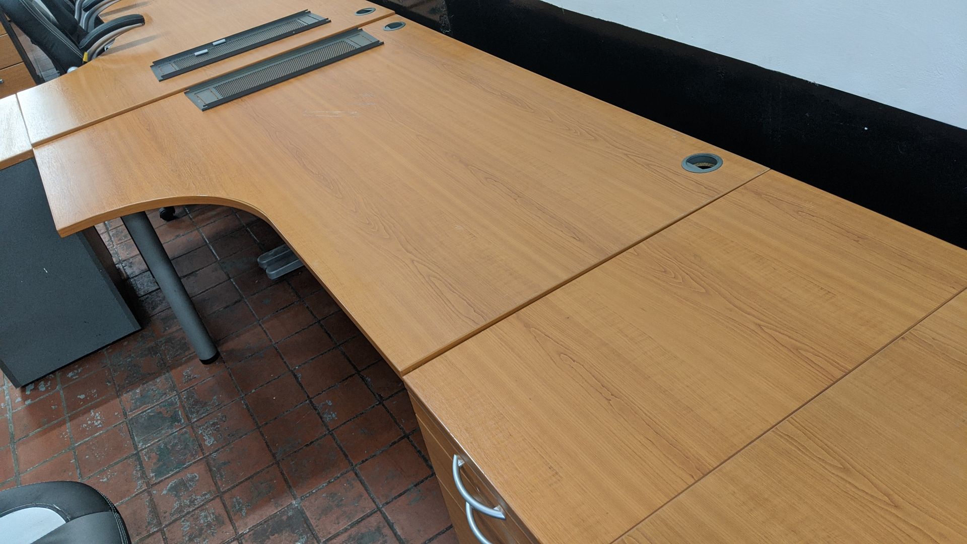 3 off curve front "piano" desks each including a matching desk height pedestal. This is one of a - Image 5 of 8