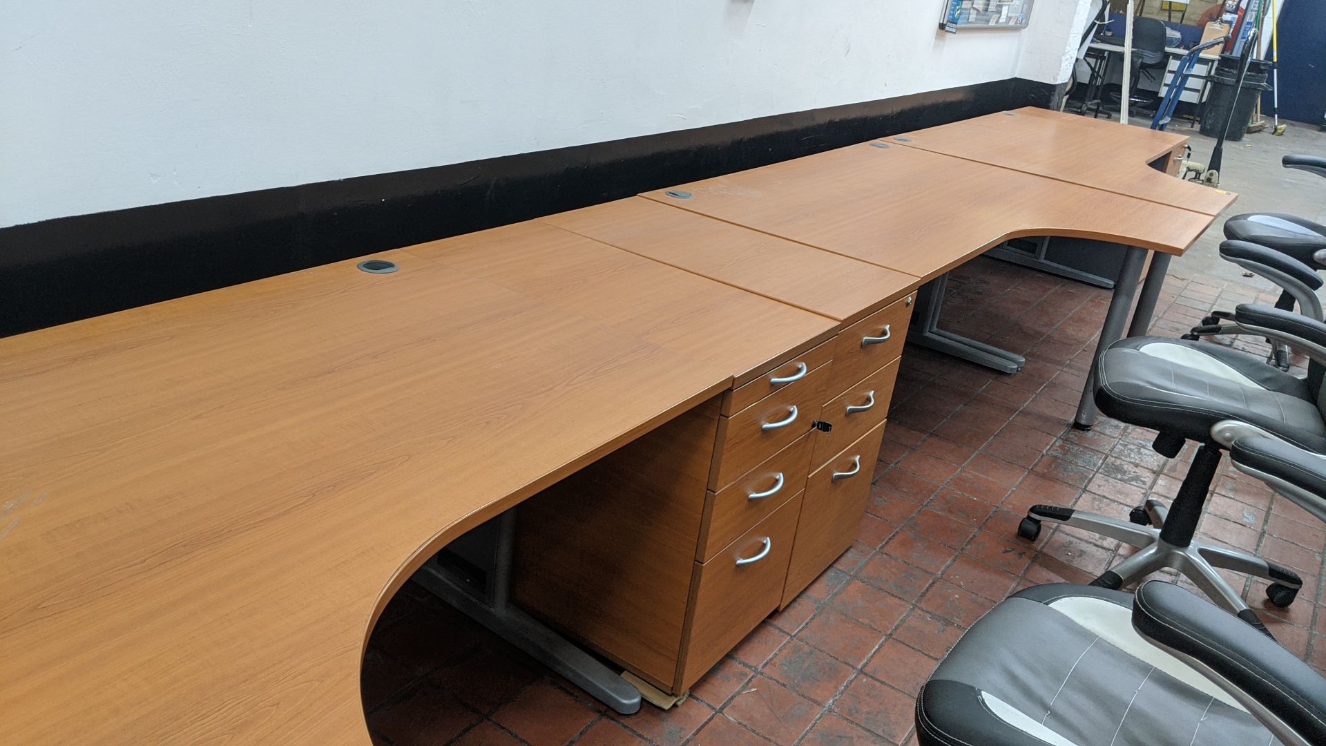 3 off curve front "piano" desks each including a matching desk height pedestal. This is one of a - Image 7 of 8