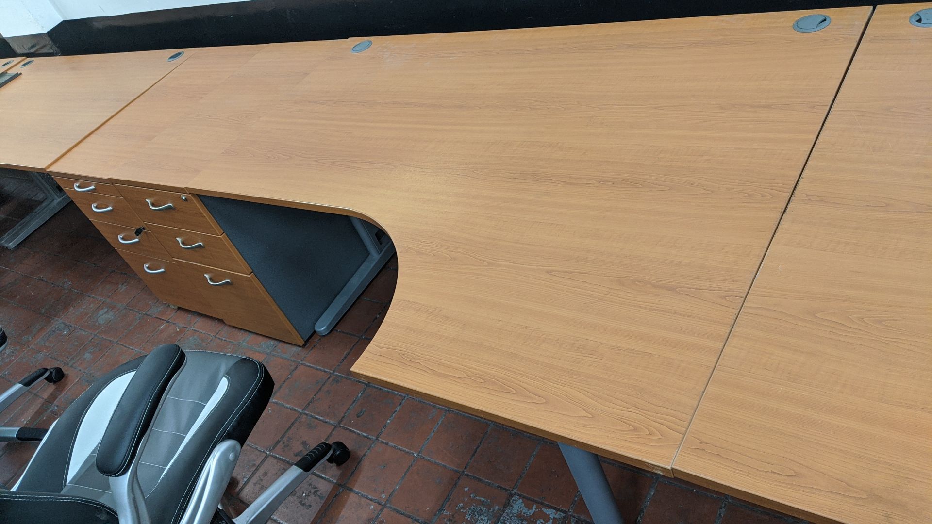 3 off curve front "piano" desks each including a matching desk height pedestal. This is one of a - Image 4 of 8