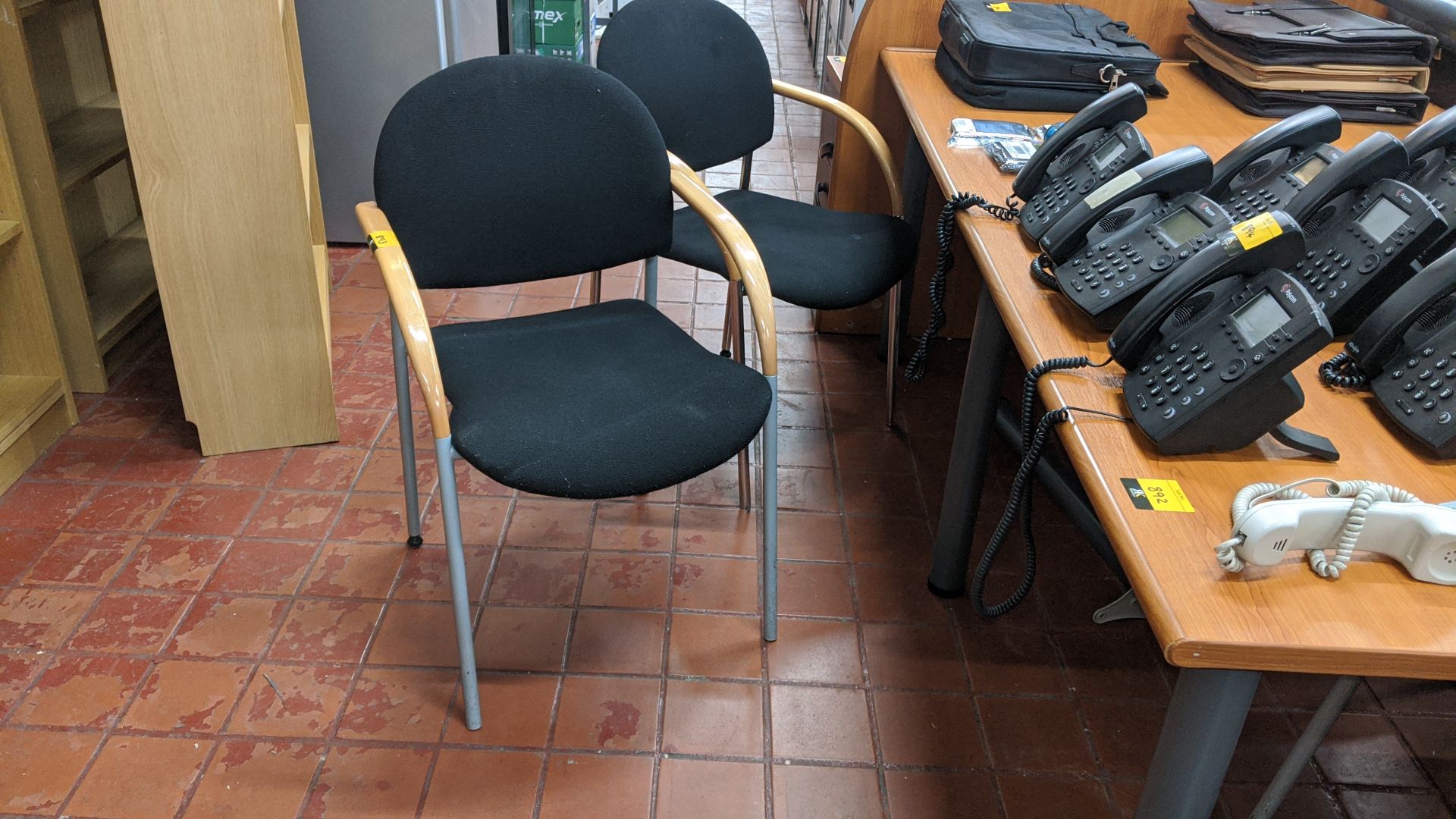 5 off chairs, 2 with chrome legs, 3 with metal grey legs, each with wooden arms & black - Image 2 of 6