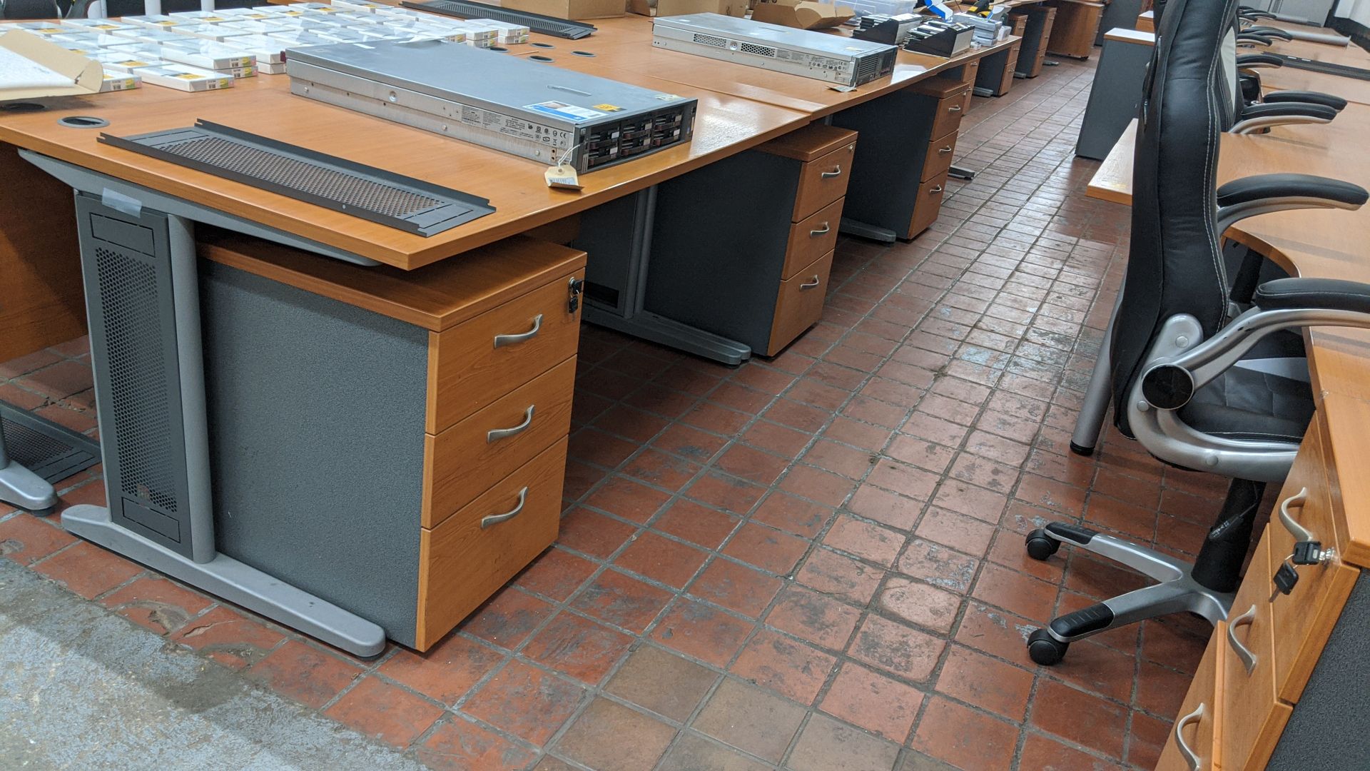 3 off matching desks each with under desk mobile pedestal, desk tops measuring circa 160cm x 80cm,