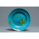 A rare Brussels faience turquoise-ground dish, 18th C.
