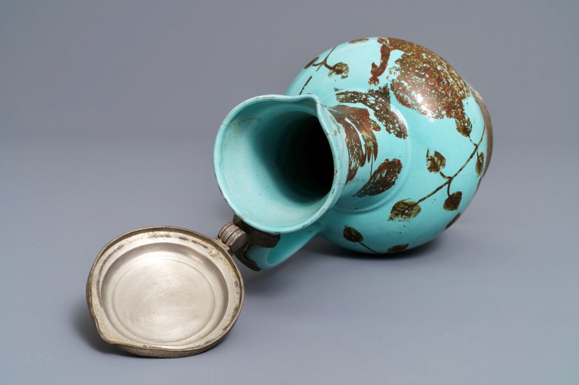 A German pewter-mounted turquoise ground ewer with birds among flowers, 17/18th C. - Image 8 of 8