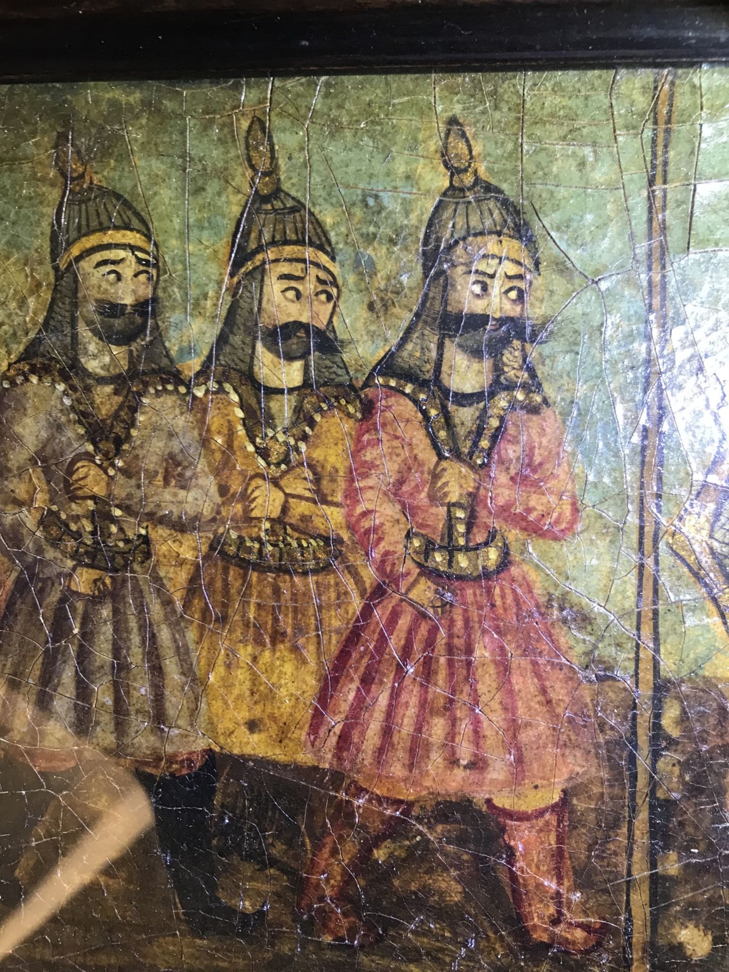 Qajar school: A triptych of a princely parade, oil on panel, Iran, 19th C. - Image 30 of 31