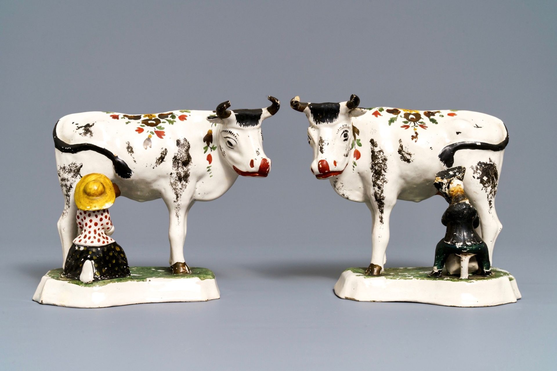 Two pairs of Dutch Delft cows and a pewter-mounted Habaner jug, 18th C. - Image 2 of 7