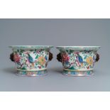 A pair of famille rose-style jardinires with birds among flowers, Samson, Paris, 19th C.