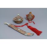 A Tibetan inlaid silver sword with jade hilt, a covered bowl and a flask, 19th C.