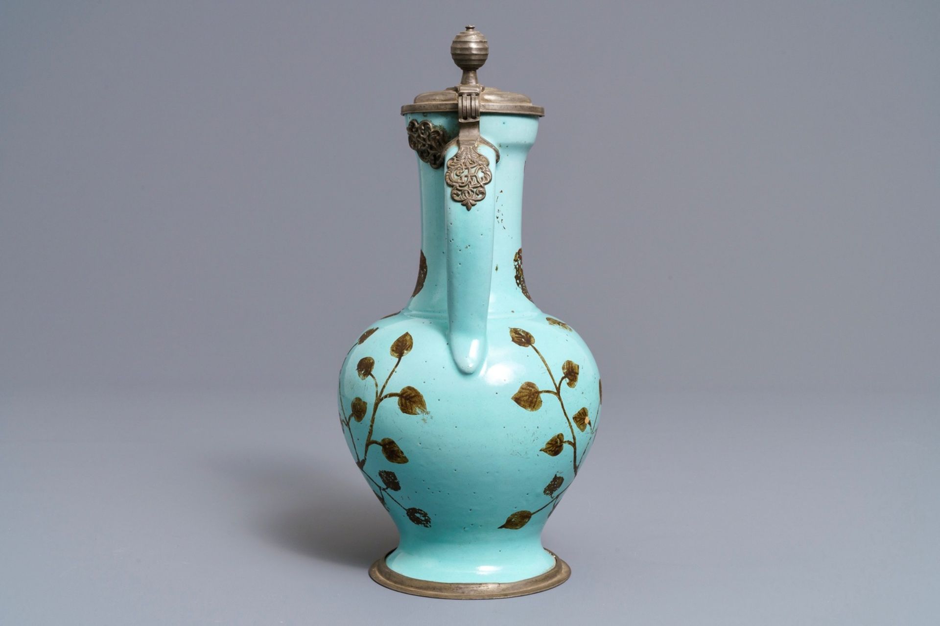 A German pewter-mounted turquoise ground ewer with birds among flowers, 17/18th C. - Image 5 of 8