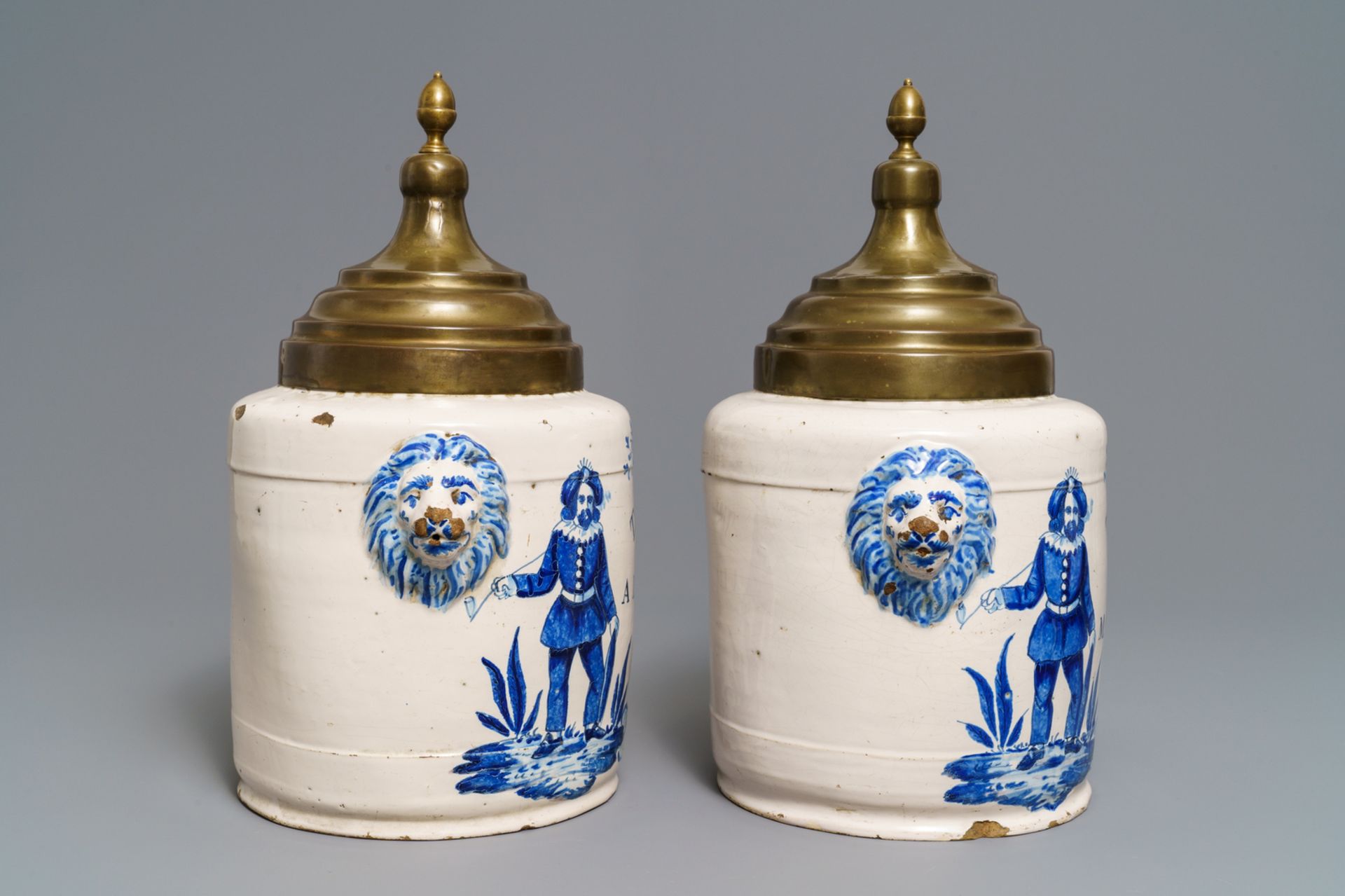 A pair of blue and white Brussels faience tobacco jars, late 18th C. - Image 2 of 6